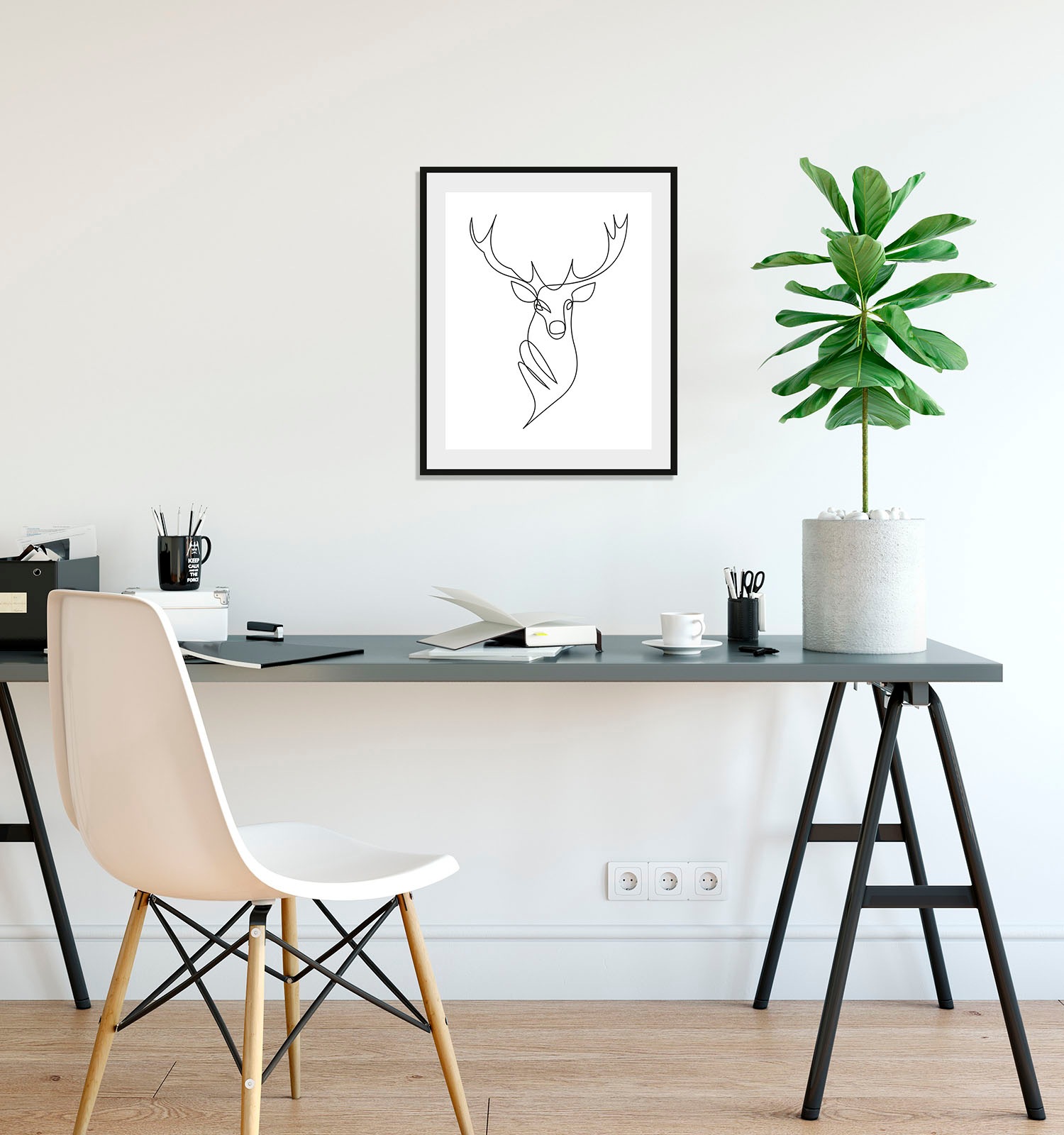 queence Bild »Walt«, Hirsch-Hirschbilder-Schwarz-Weiß-Kunst, (1 St.), HD Premium Poster-Druck inkl. Holzrahmen
