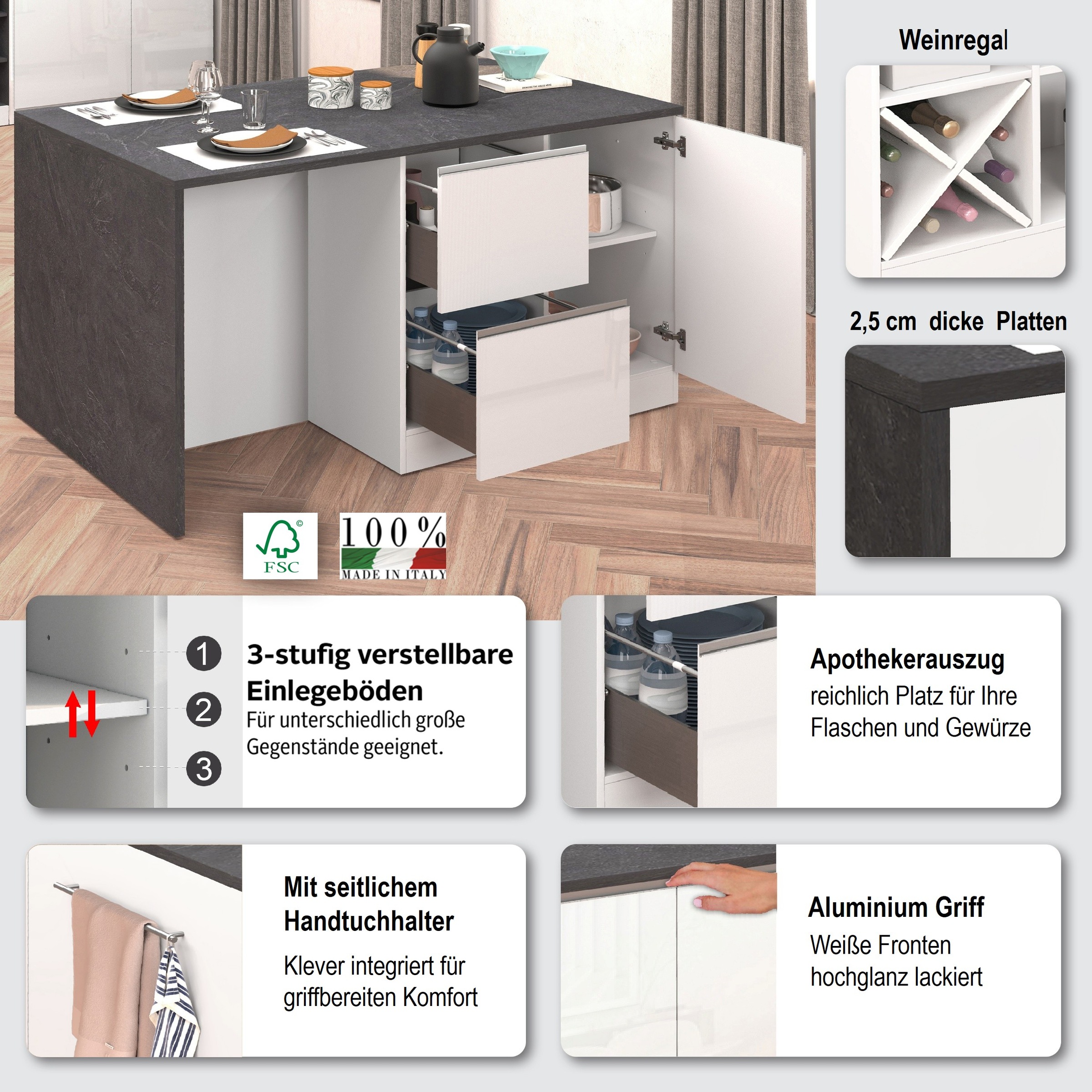 KOCHSTATION Kücheninsel »KS-Sole, Kochinsel, Küchenarbeitsblock, Inselküche, Arbeitsinsel«, Breite 152,5 cm, mit Essplatz, Handtuchhalter, Fächer und Weinregal