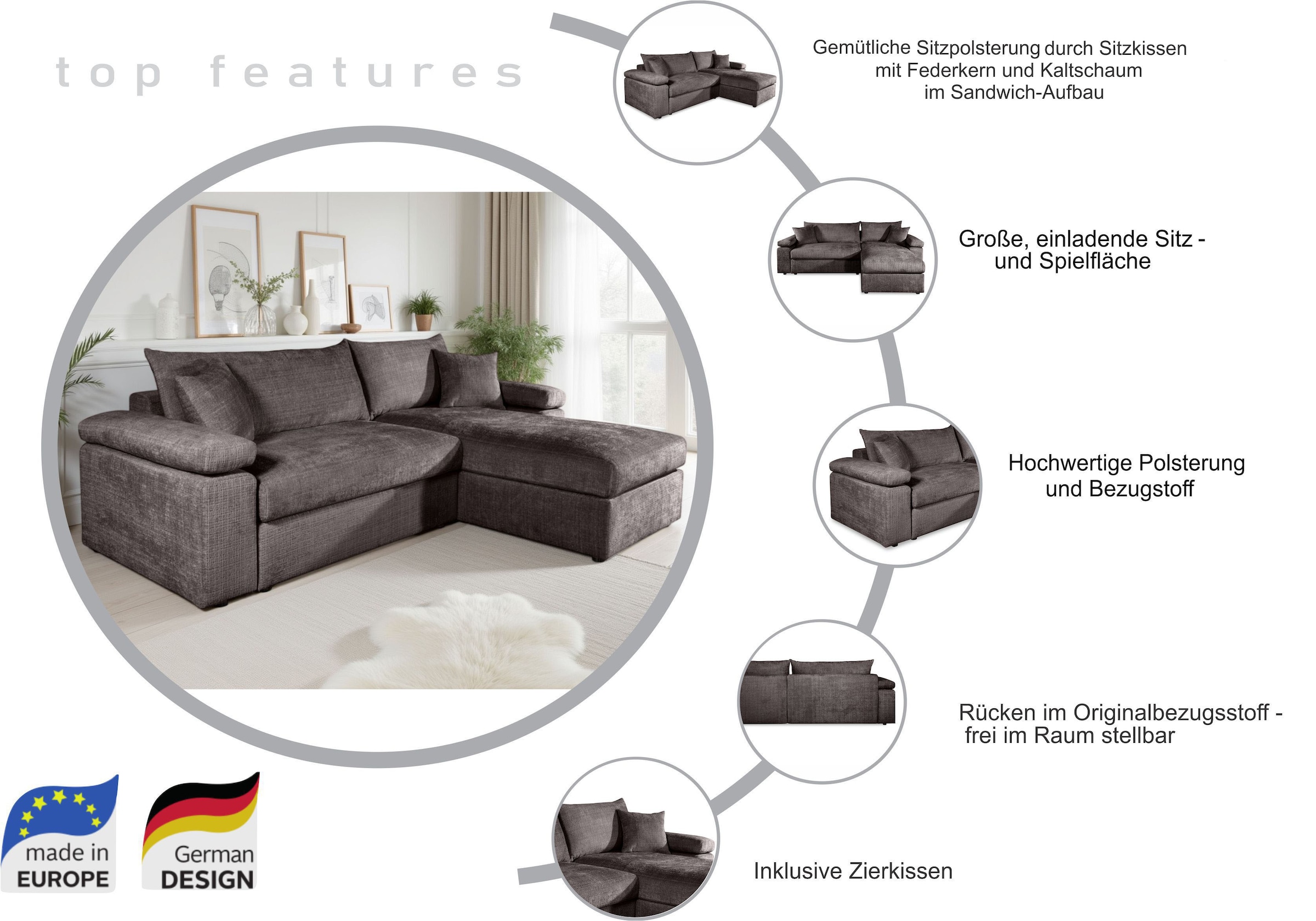 OTTO home Ecksofa »Cosy L-Form, Breite 234 cm, Sitzaufbau im Sandwich-Federkern« mit Kaltschaumauflage, Bezüge in Cord oder Struktur weich wählbar