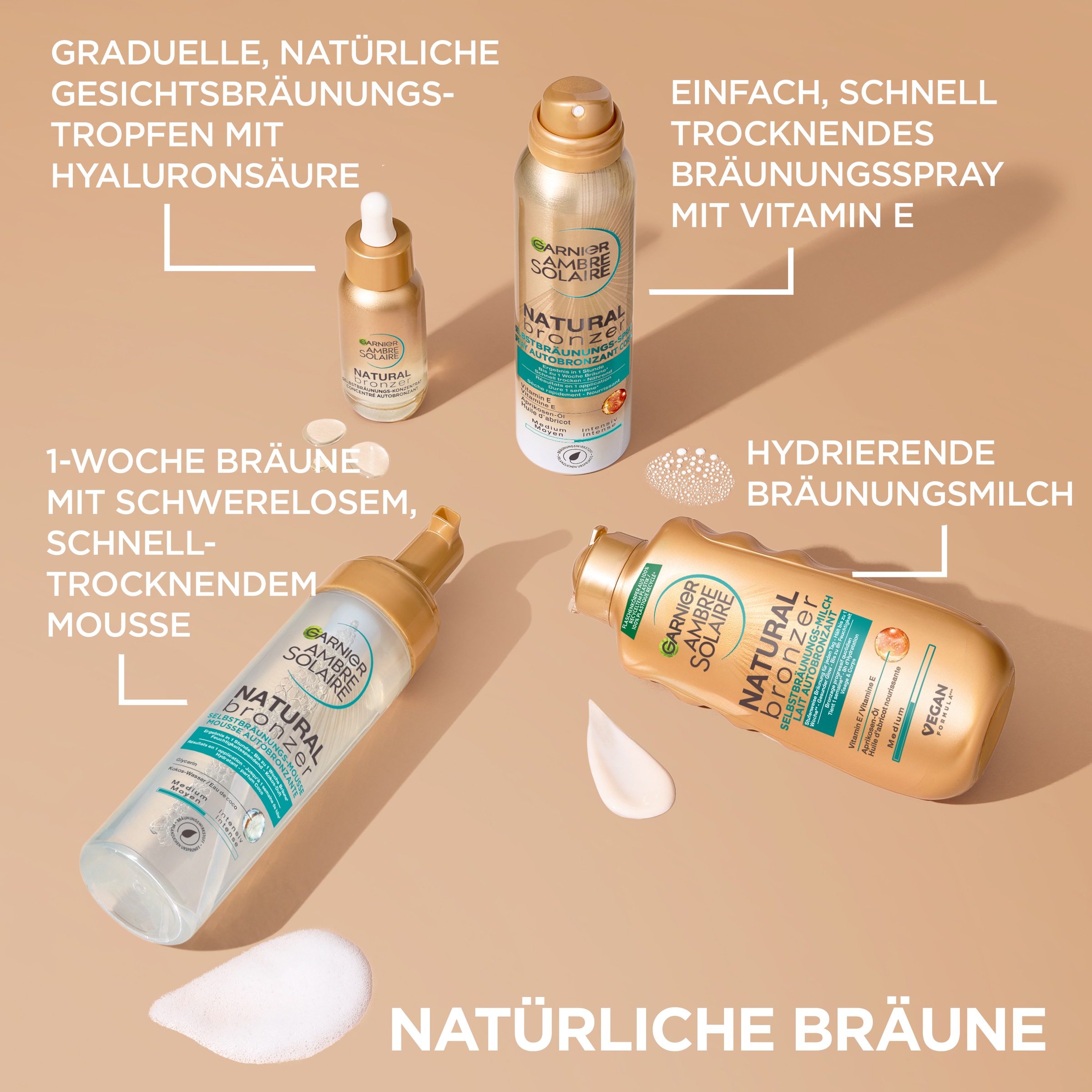 GARNIER Selbstbräunungskonzentrat »AMBRE SOLAIRE NATUTRAL BRONZER« sorgt für einen Teint, pflegt die Haut zugleich, zieht schnell ein