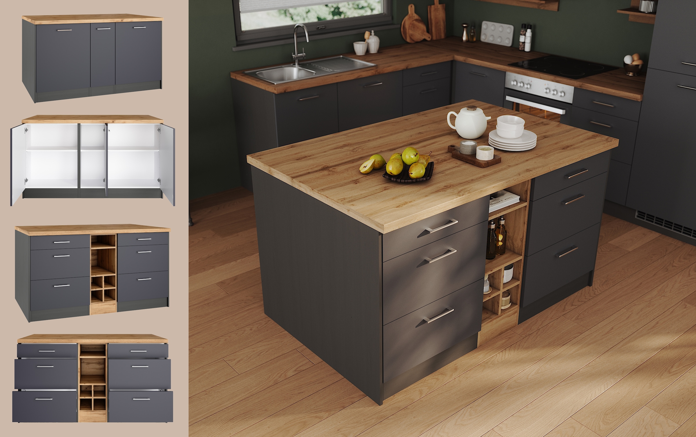 KOCHSTATION Kücheninsel »KS-Milan«, Stellmaß 153/100 cm, viel Stauraum, Lebensmittelpunkt: Küche