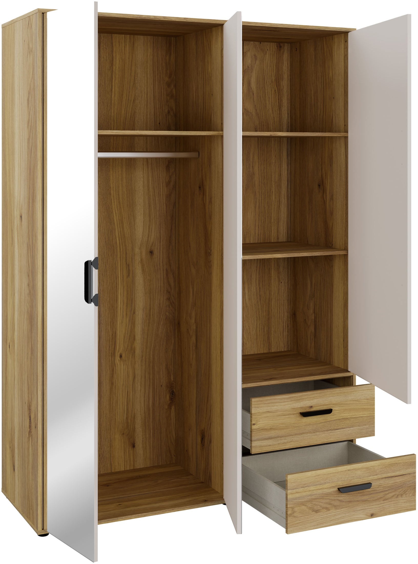 FORTE Drehtürenschrank »Schrank mit Spiegel, zeitloses Design, 3türig« viel Stauraum, Schubladen, Spiegeltürenm Höhe 200 cm