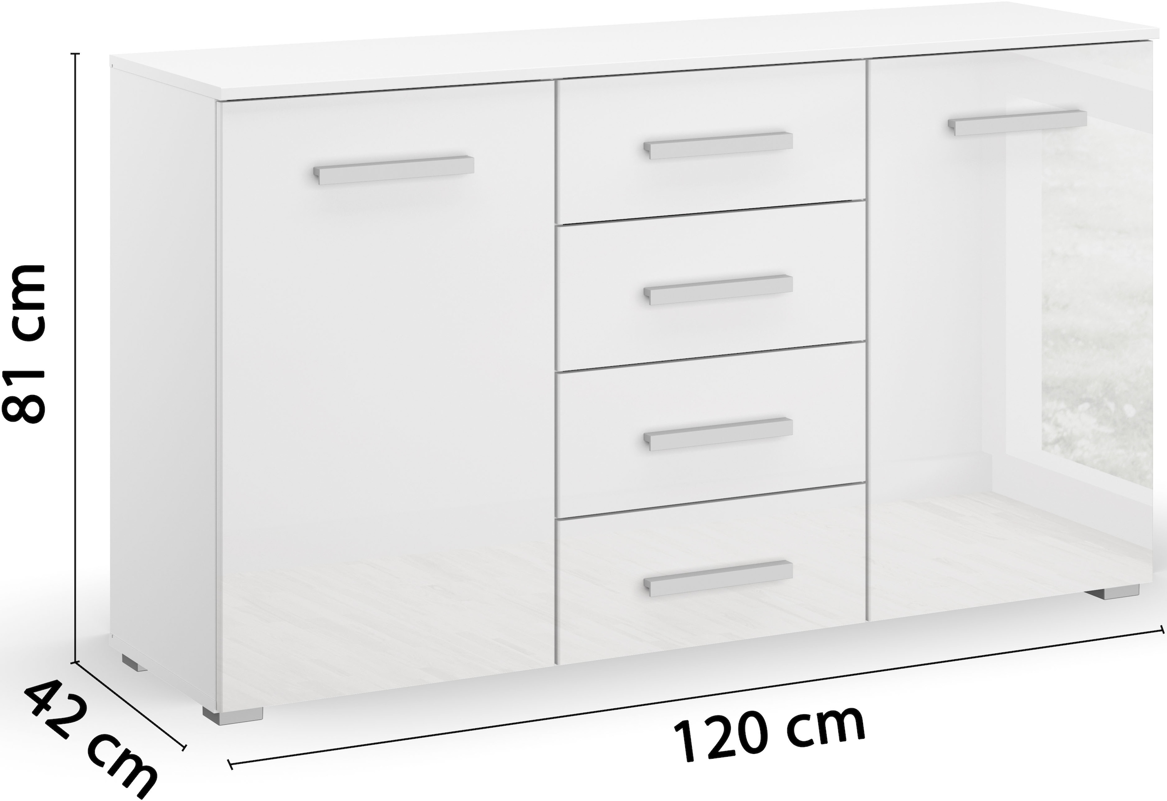 rauch Schubkastenkommode »Sideboard Kommode Kombikommode KOLUNA mit Hochglanzfront« Breite 120 cm,  vier große Schubladen, mit insgesamt 4 Einlegeböden MADE IN GERMANY