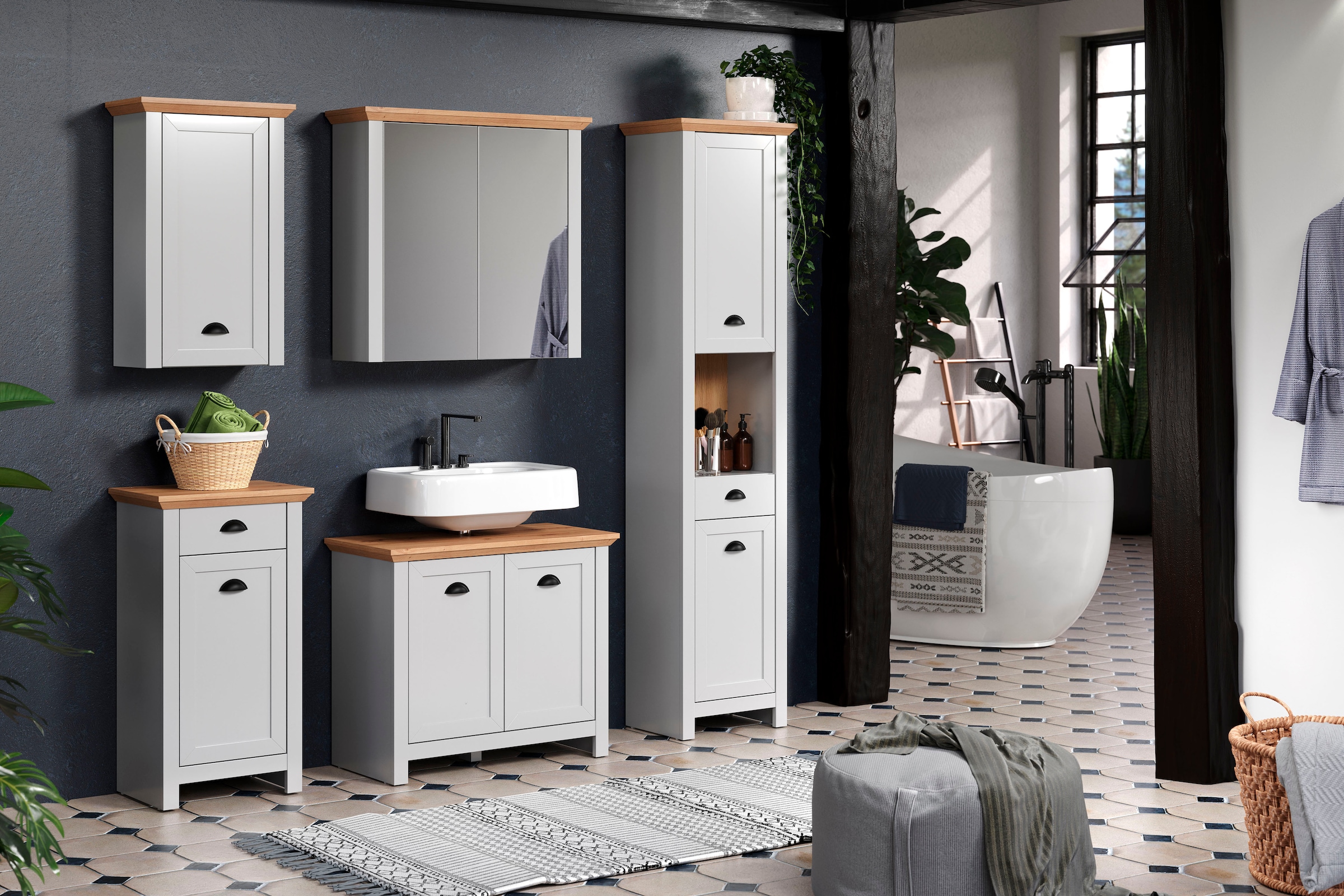 Home affaire Hängeschrank, Badschrank mit Muschelgriff im Landhaus-Look - (B/T/H) 46/24/73 cm