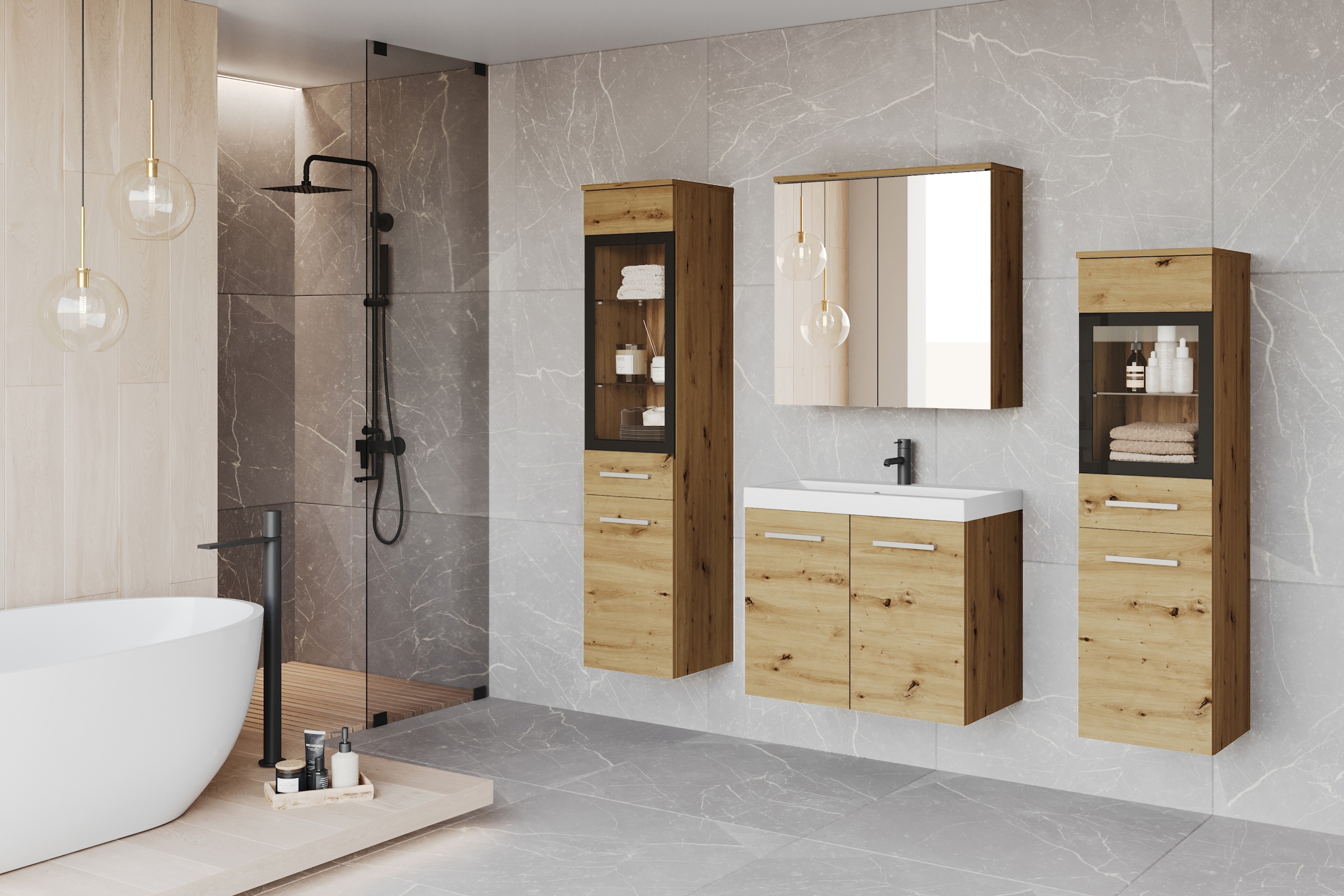 welltime Badmöbel-Set »MADRIT II, Schrank mit Waschbecken, 2 Hänger, Spiegelschrank«, (Komplett-Set, 5 St.), Hängende Badmöbel mit Glaseinsätzen – in vielen Farben erhältlich