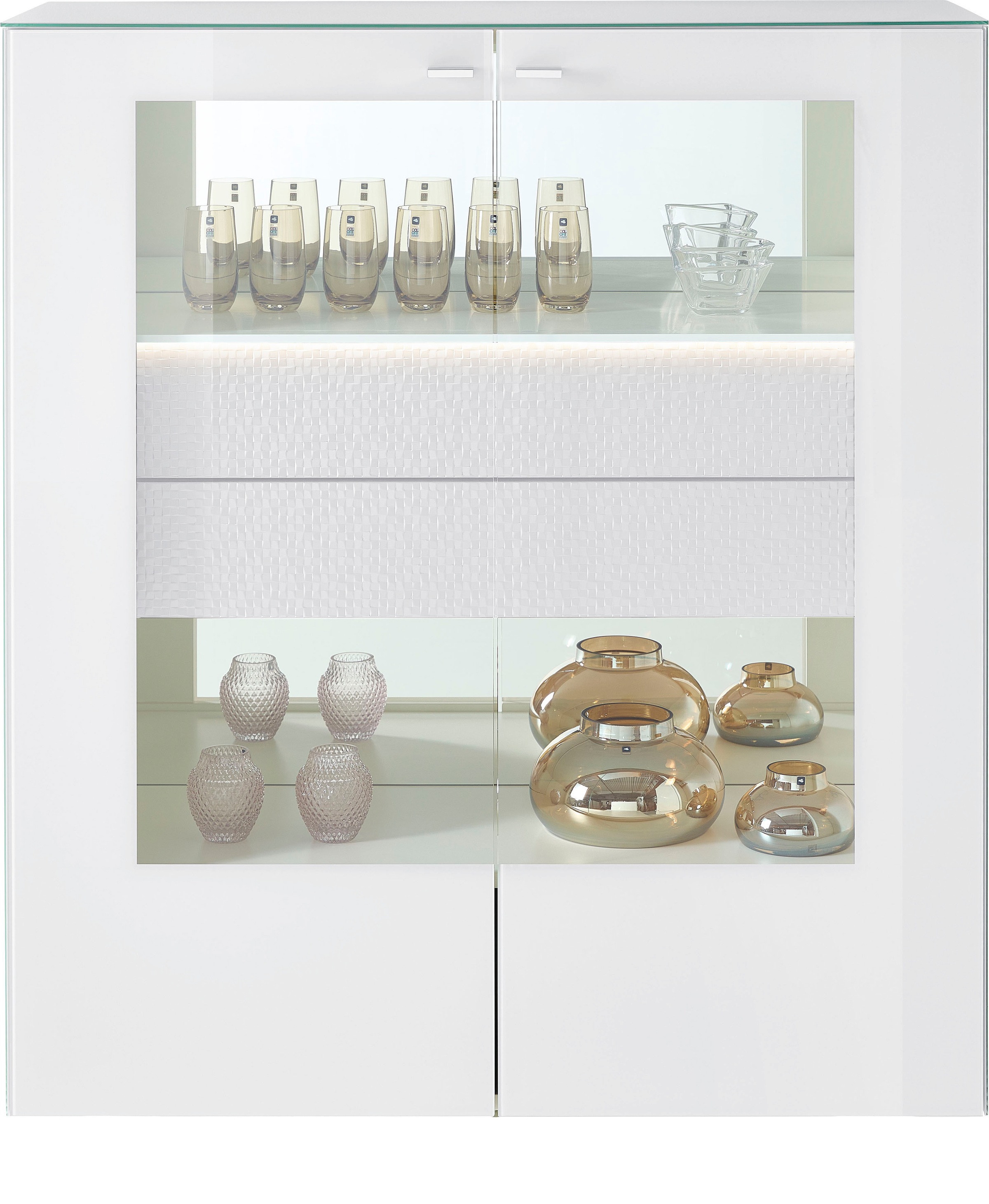 LEONARDO Highboard »AUREA« mit Pailletten-Akzent, wahlweise mit Beleuchtung Lack weiß/Paillette weiß