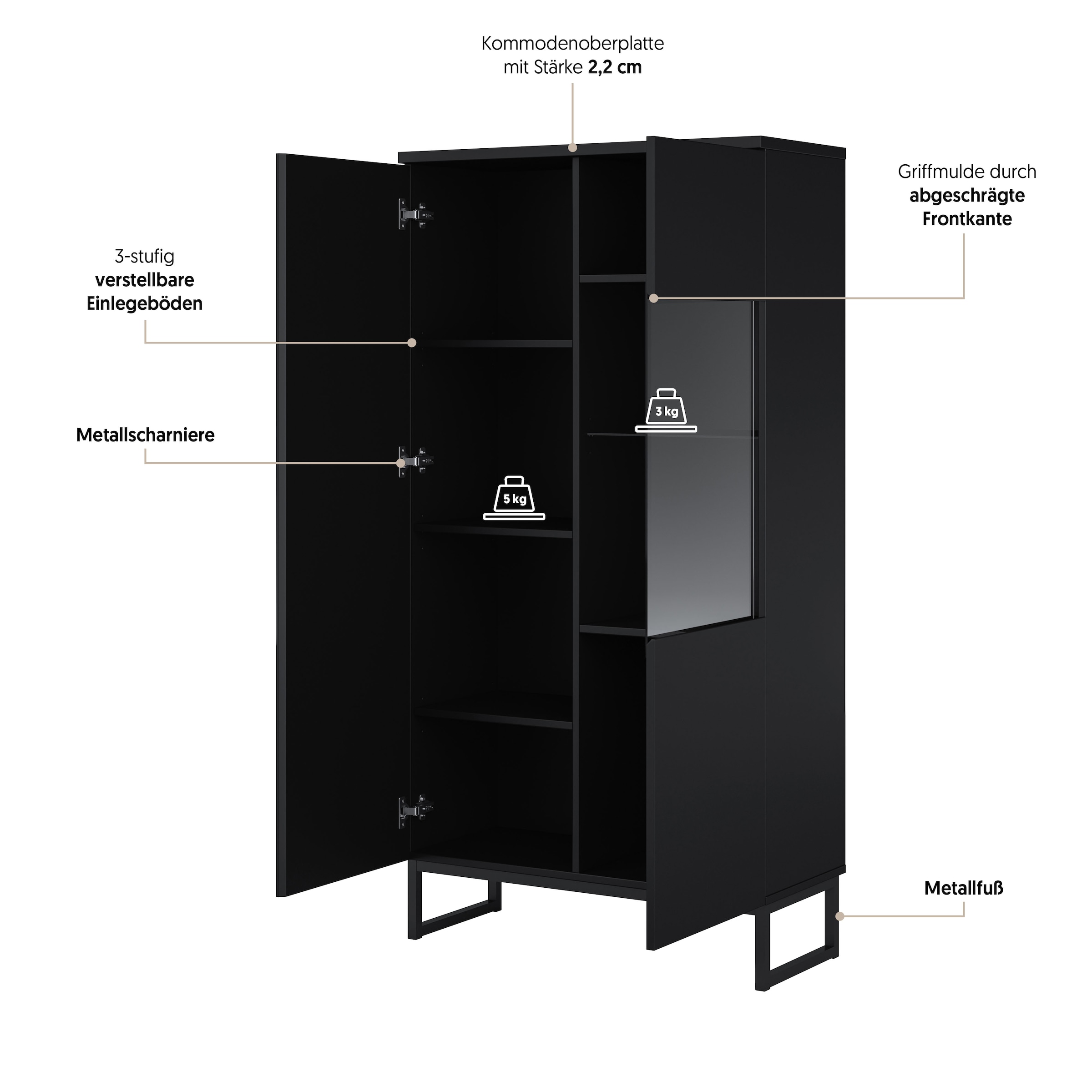 OTTO home Vitrine »Modo II, Breite 80 cm, moderner griffloser Vitrineschrank« Vitrine viel Stauraum, Einlegeböden verstellbar, Glastür, Metallkufen