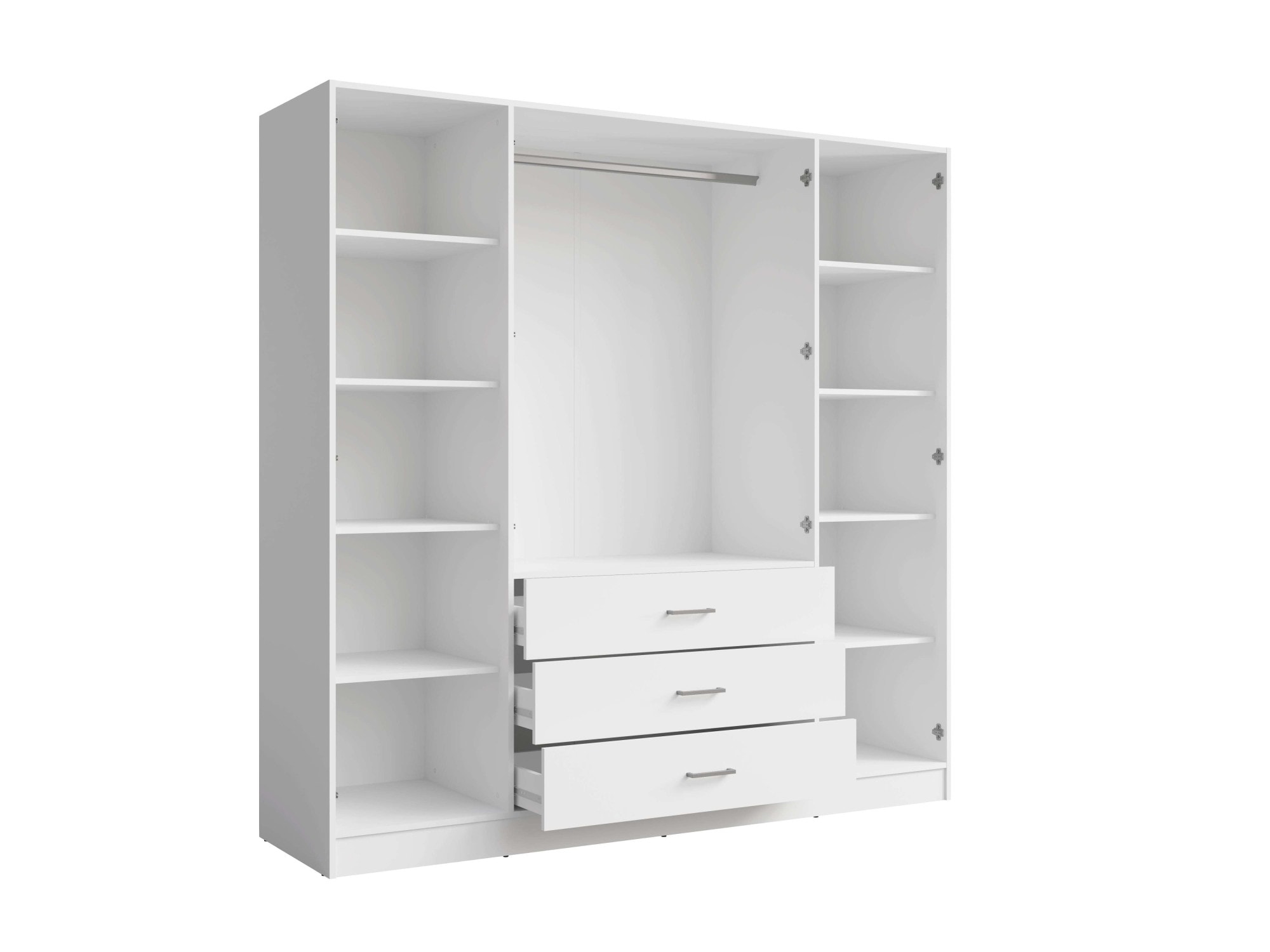 Home affaire Kleiderschrank »KOS Garderobe mit 3 Schubladen, Kleiderstange, 8 Einlegeböden, Spiegel«, Wäscheschrank mit 4 Drehtüren, silber Griffen, Maße B/H/T 200/200/58cm