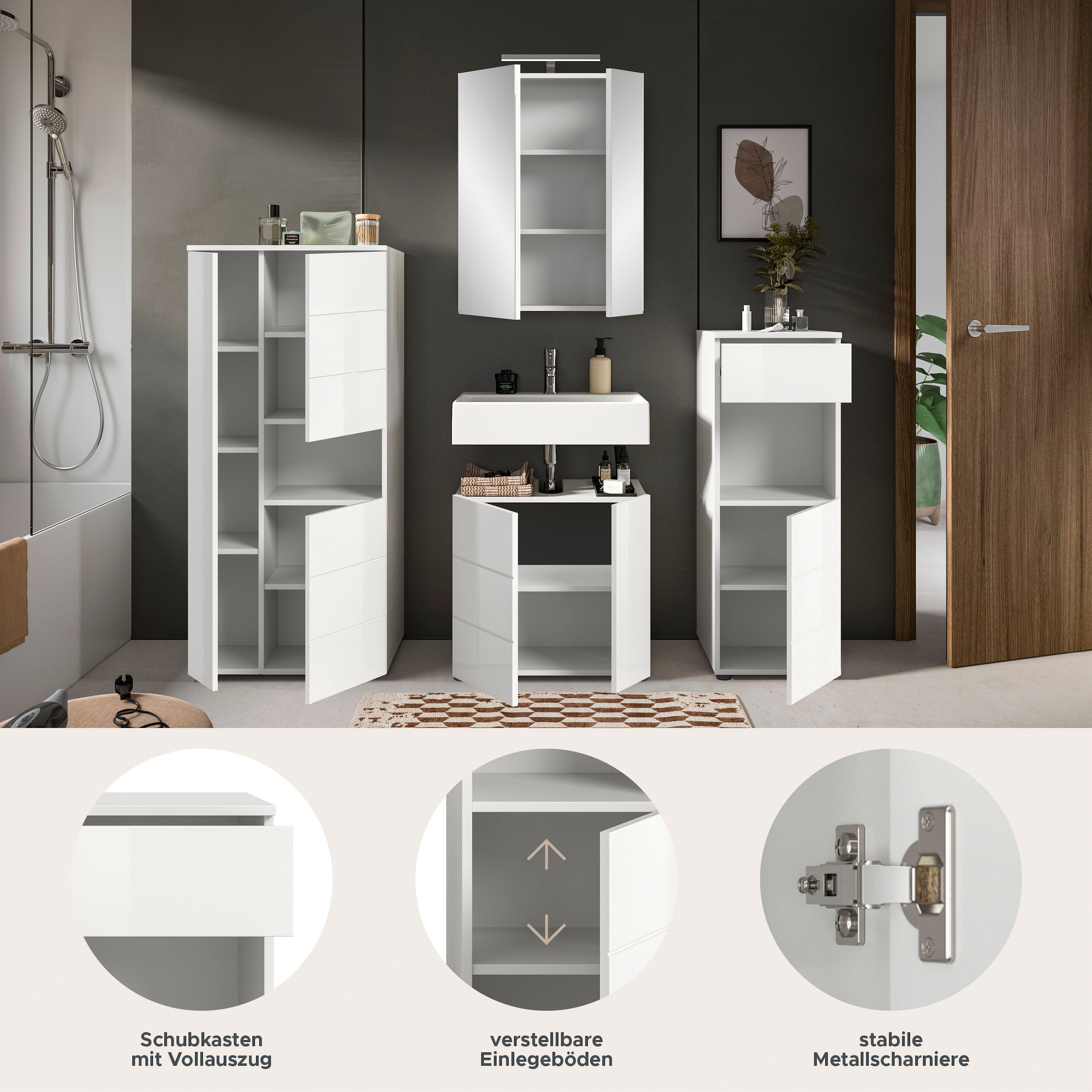 welltime Badmöbel-Set »Biel, Höhe 190 cm,Hochschrank,WBU, Spiegelschrank, Unterschrank, Lampe«, (5 St.), Bad Set, modernes Design, Unterschrank, Spiegel, Aufsatzleuchte