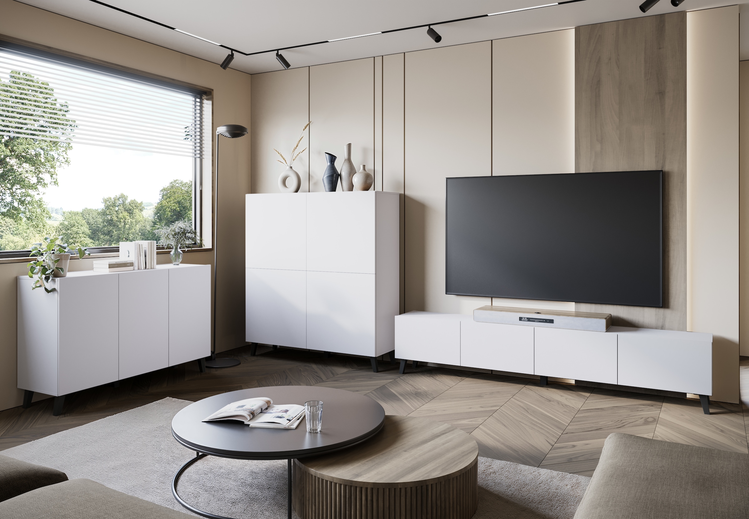 Home affaire Highboard »HIGHBOARD PHUKET II, Stilvolle, grifflose Hochkommode, Breite 120cm« Mit 4 Türen und 8 Fächern und höhenverstellbaren Einlegeböden