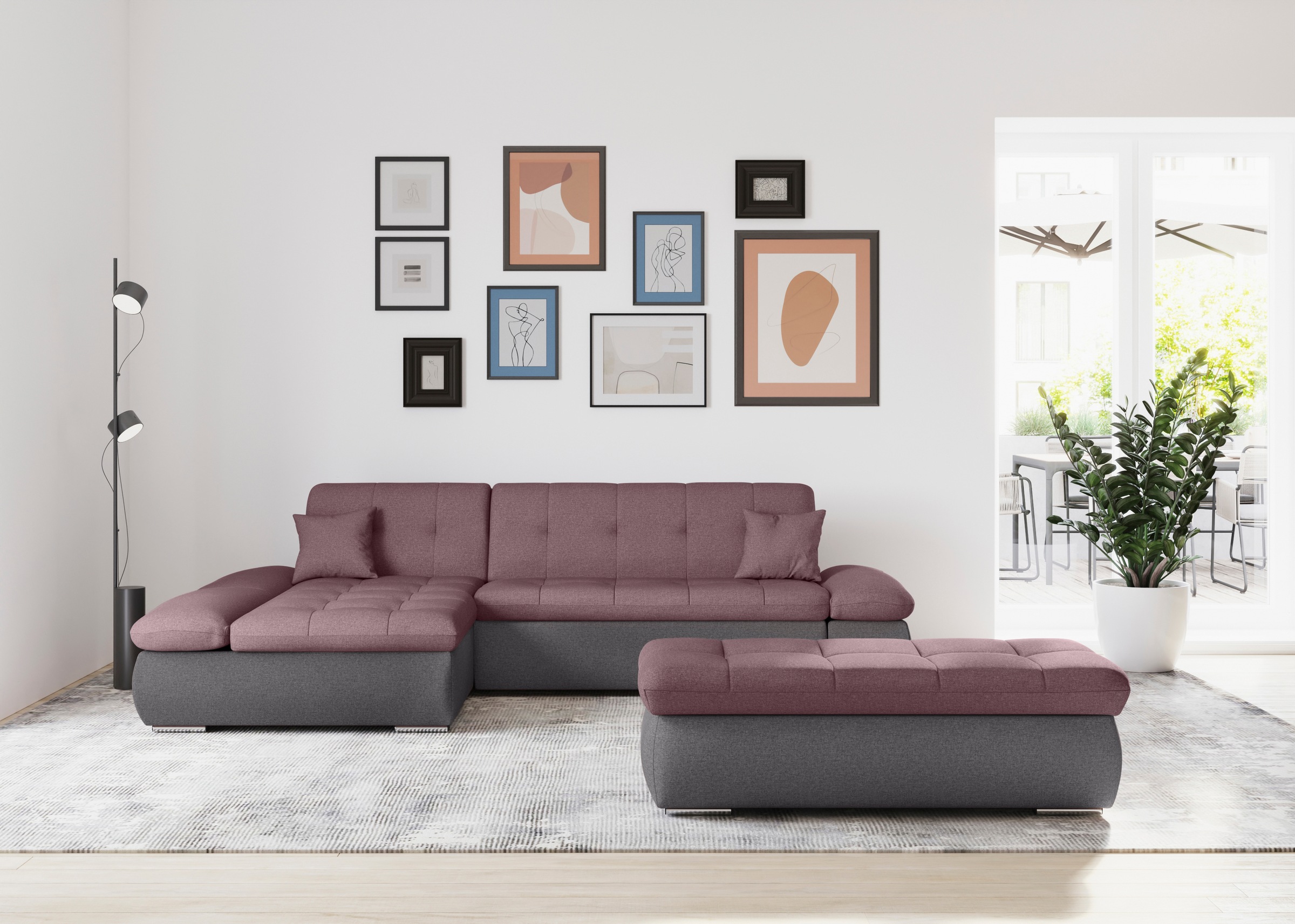 DOMO collection Ecksofa »Moric, L-Form, XXL-Sofa - Breite 300cm«, wahlweise mit Bettfunktion und Armteilverstellung, grau-beere