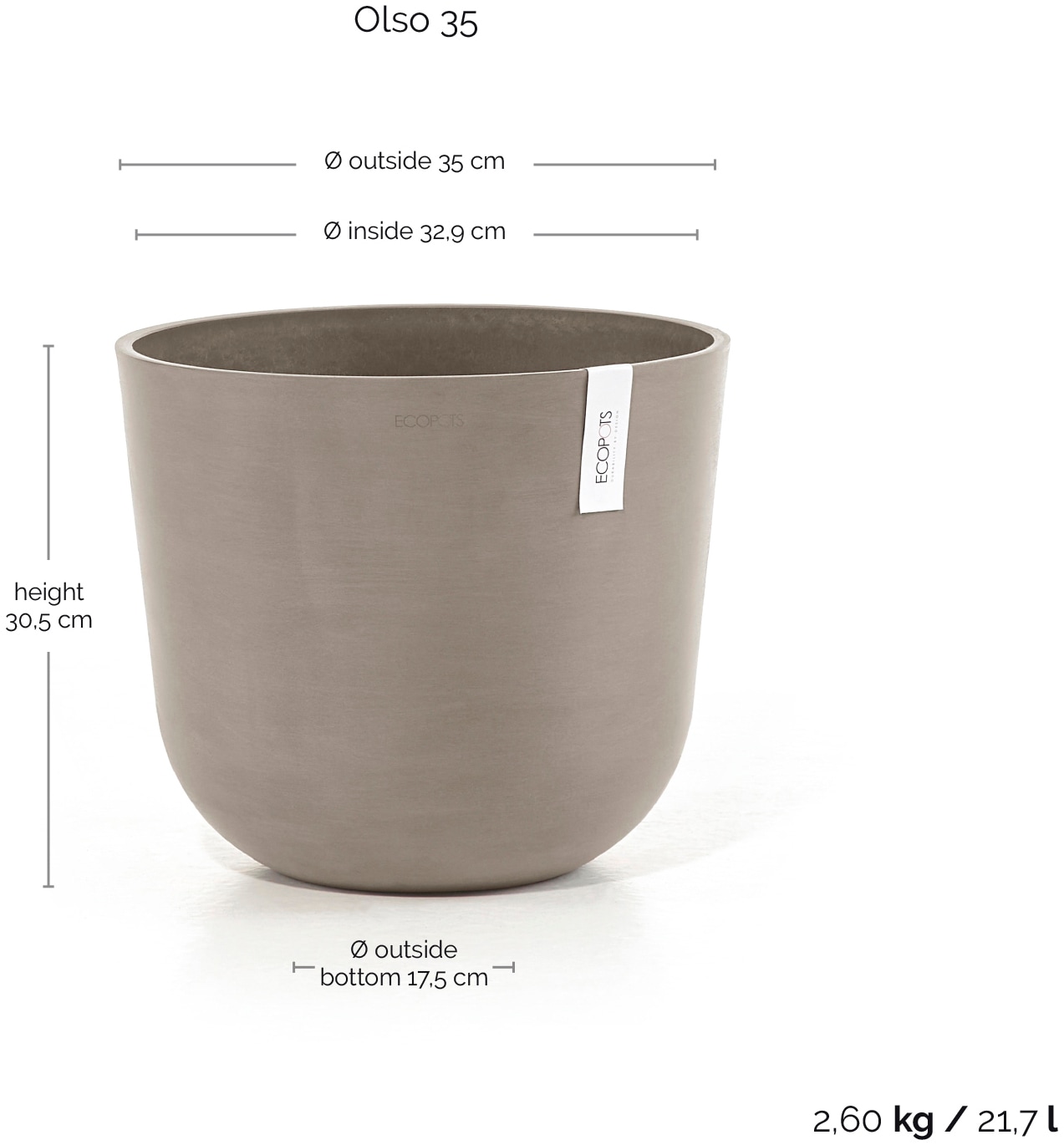 ECOPOTS Blumentopf »Oslo 35 Taupe«, für innen und außen: frostsicher, bruchsicher und lichtbeständig