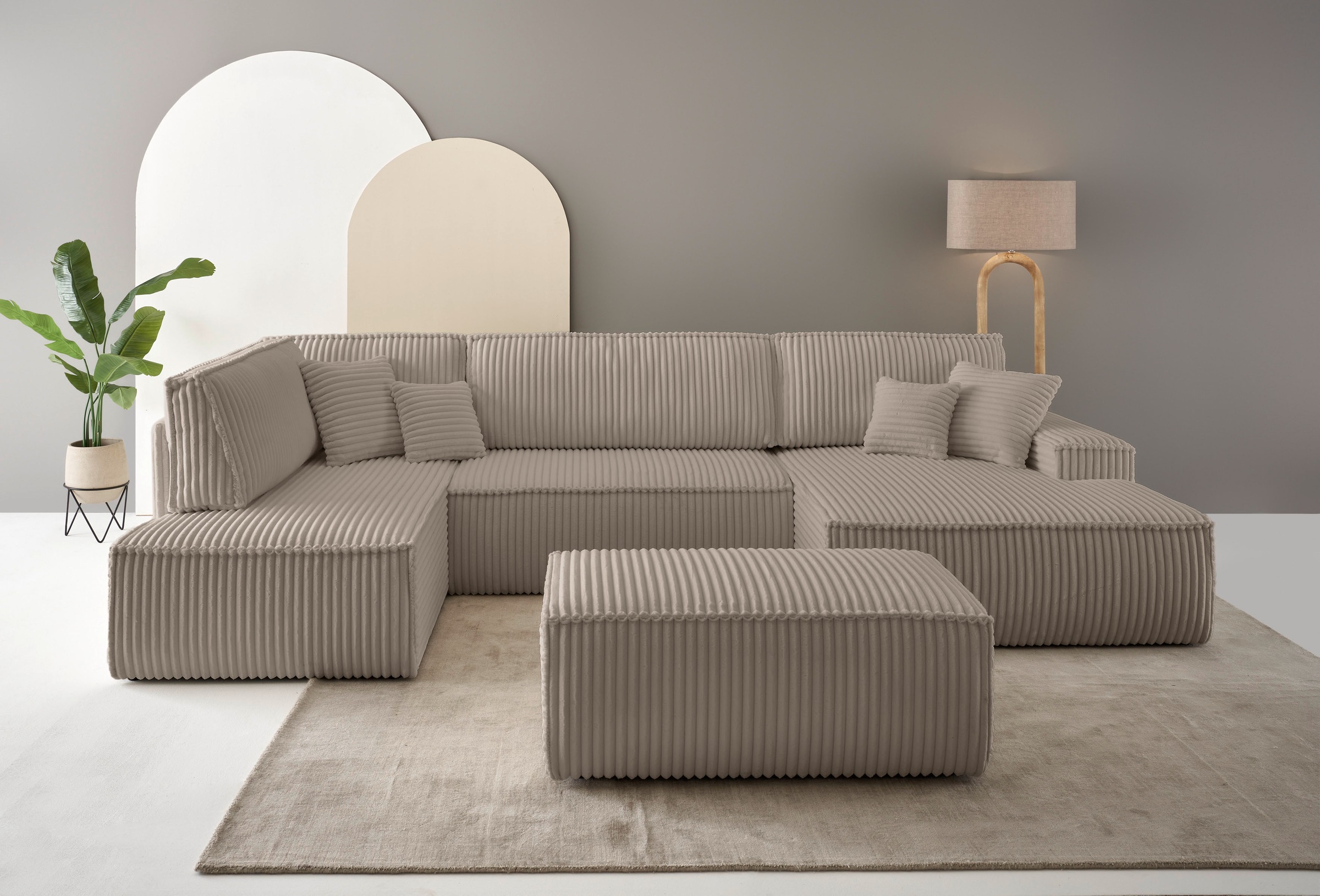 andas Wohnlandschaft »FINNLEY U-Form XXL 329 cm, Schlafsofa, Schlaffunktion m. Bettkasten«, (194/139 cm), Bouclé, Struktur und Cord