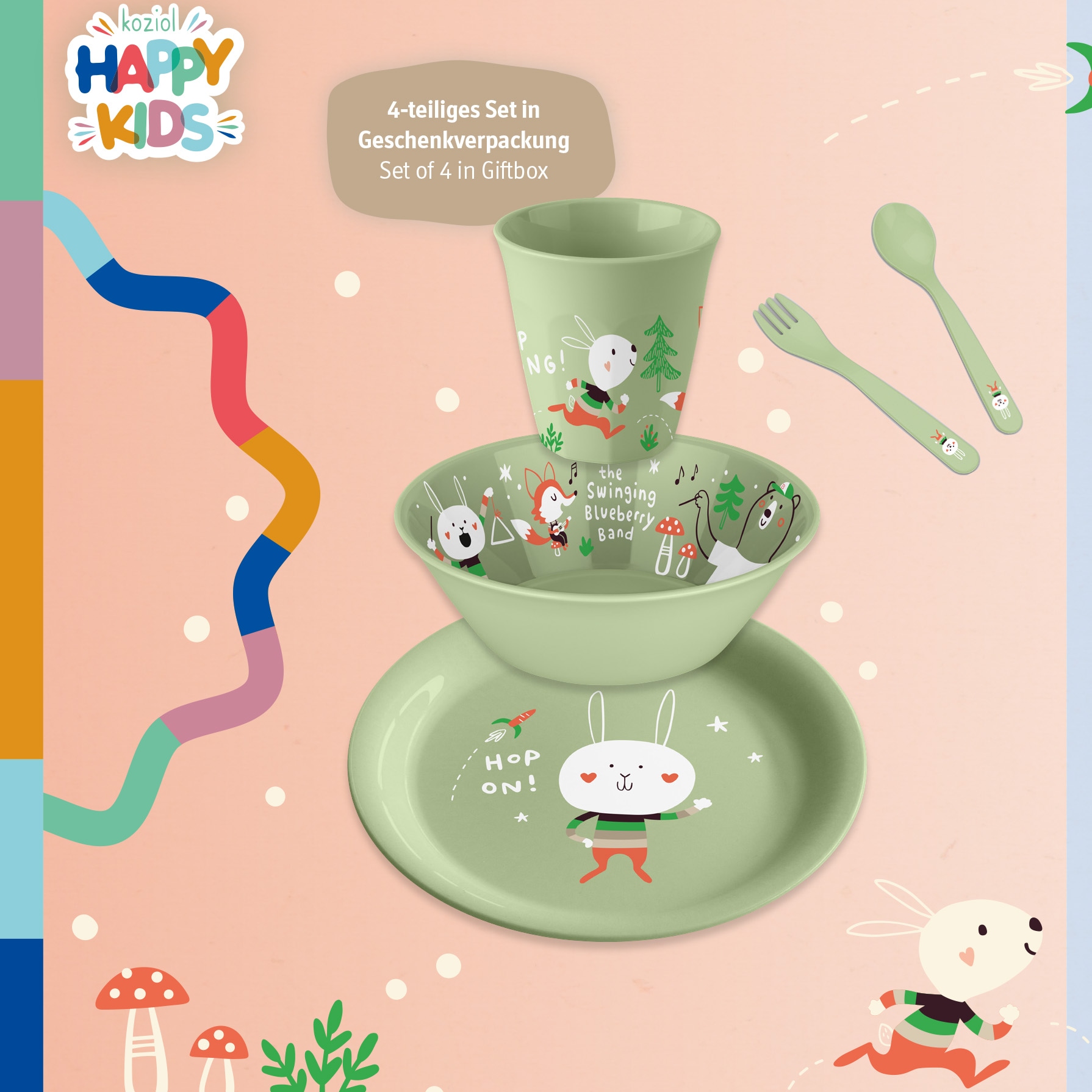 KOZIOL Kindergeschirr-Set »HOP ON AT HOME«, (Set, 4 tlg.), (Teller, Schale, Becher, Besteckset), melaminfrei