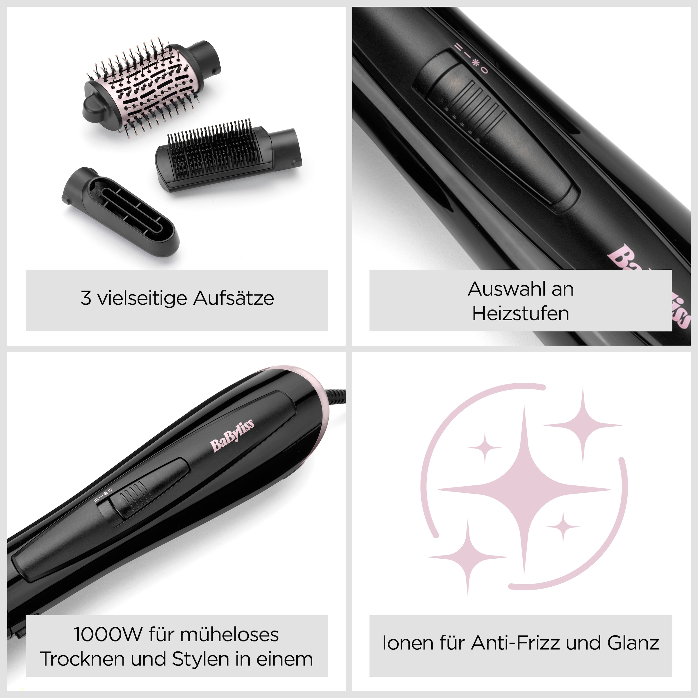 BaByliss Warmluftbürste »BaByliss Style Smooth 1000 Warmluftbürste mit 3 Aufsätzen, AS128E« 3 Aufsätze Rundbürstenföhn, Wet-to-Dry Styling, Ionen-Technologie, 1000W