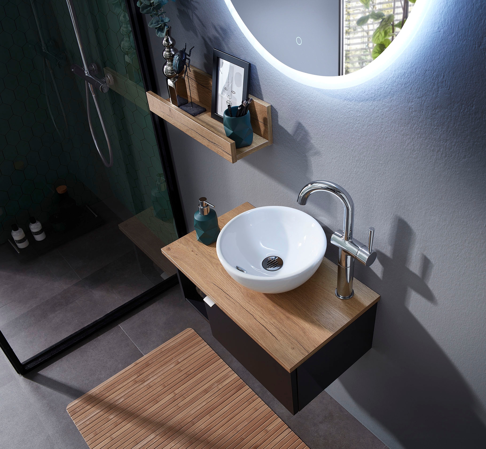 Saphir Waschtisch »Serie 6915 Waschschale mit Unterschrank für Gästebad, Gäste WC«, 61 cm breit, 1 Tür, offenes Fach, kleine Bäder, ohne Armatur