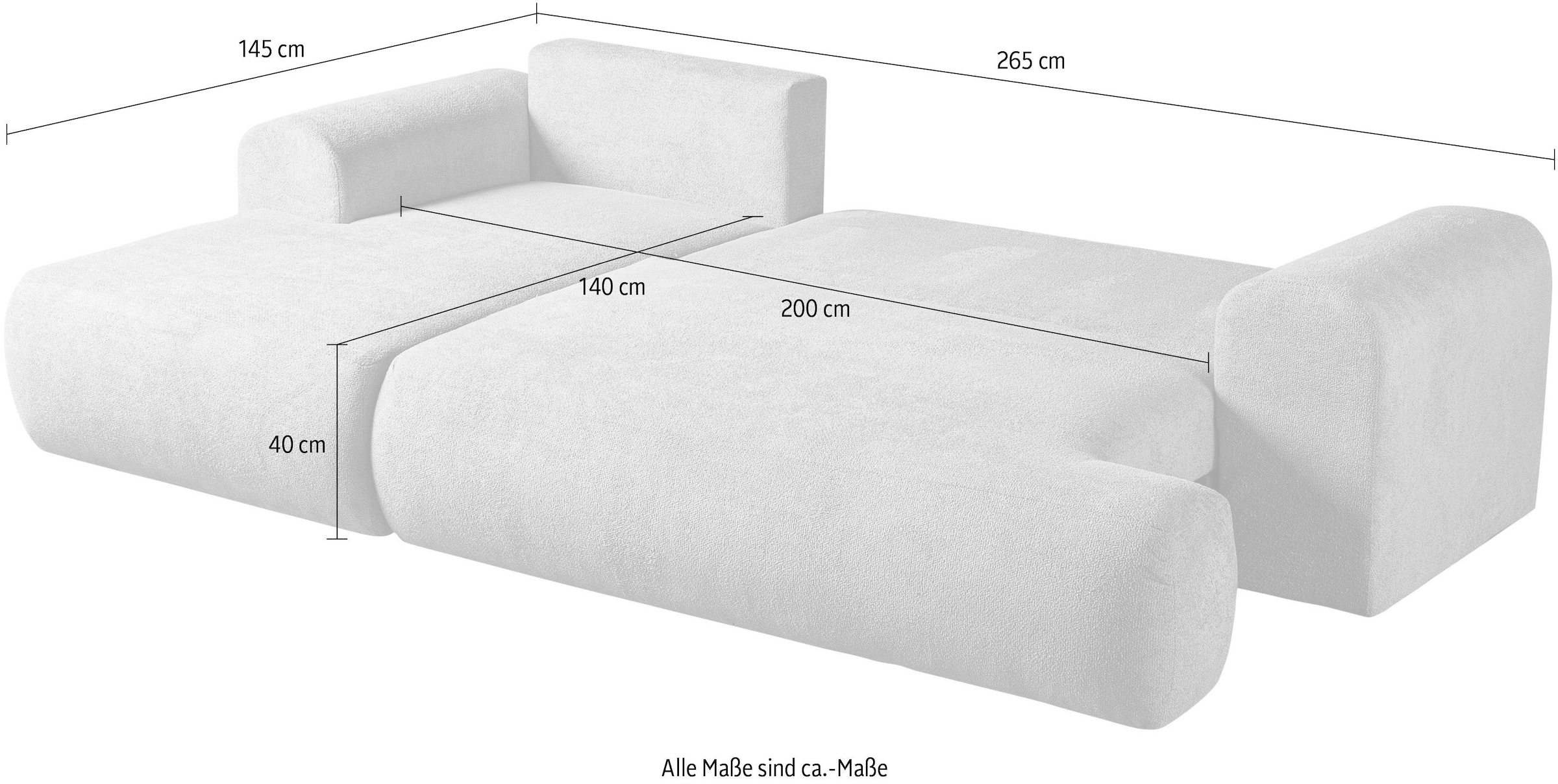WERK2 Ecksofa »Ewela 265 x 145 cm organisches Design & Komfort, mit Bett & Bettkasten« Bouclé, L-Form, Schlaffunktion, Bettkasten
