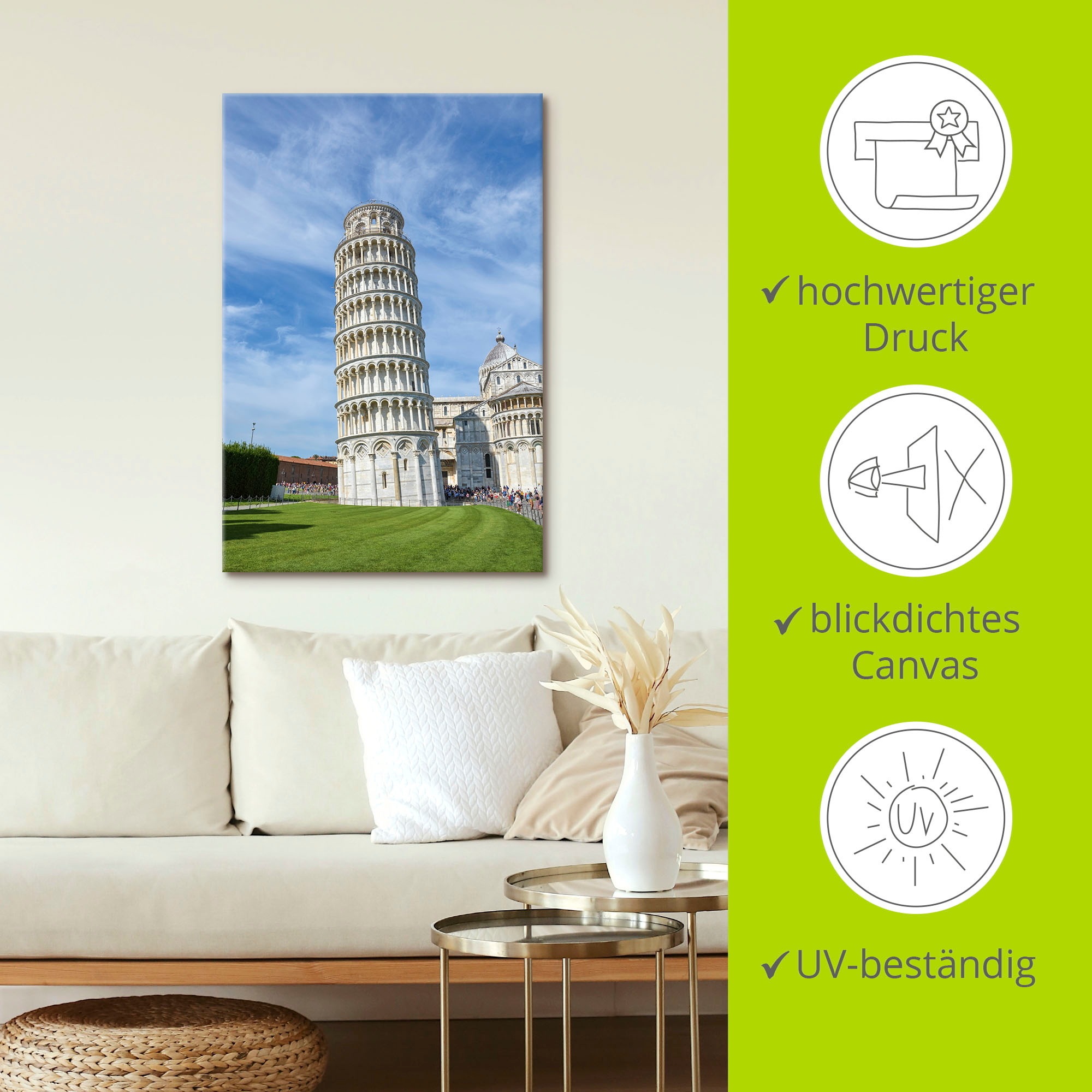 Artland Leinwandbild »Der schiefe Turm von Pisa in Italien«, Gebäude, (1 St.), auf Keilrahmen gespannt