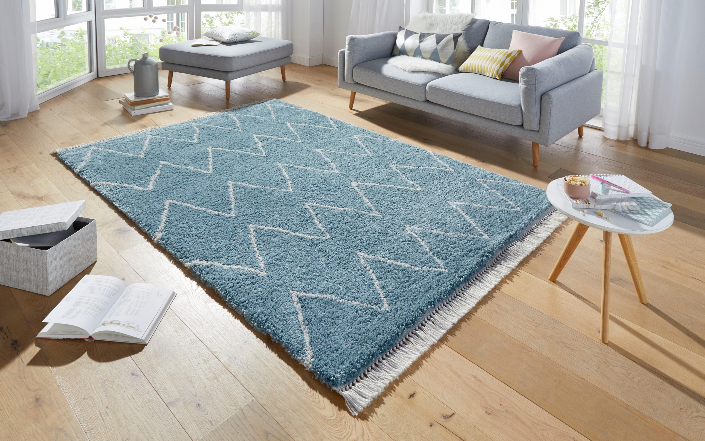 HANSE Home Hochflor-Teppich »Ruby«, rechteckig, 35 mm Höhe, Pastellfarben mit Fransen, Rauten Design, Scandi Look, Robust