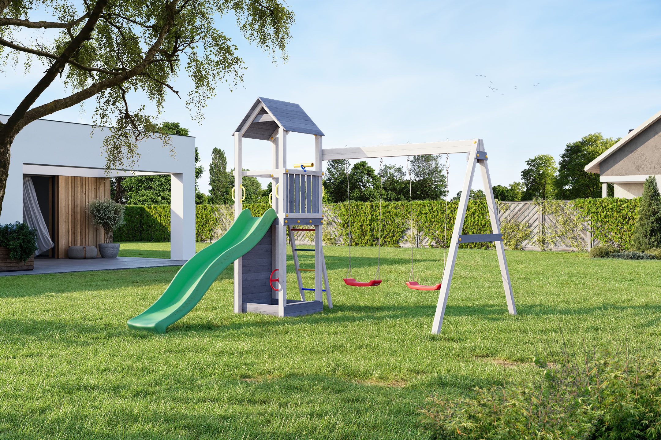 FUNGOO Spielturm »FLAPPI« mit Rutsche, Doppelschaukel, Kletterwand, Teleskop, Lenkrad