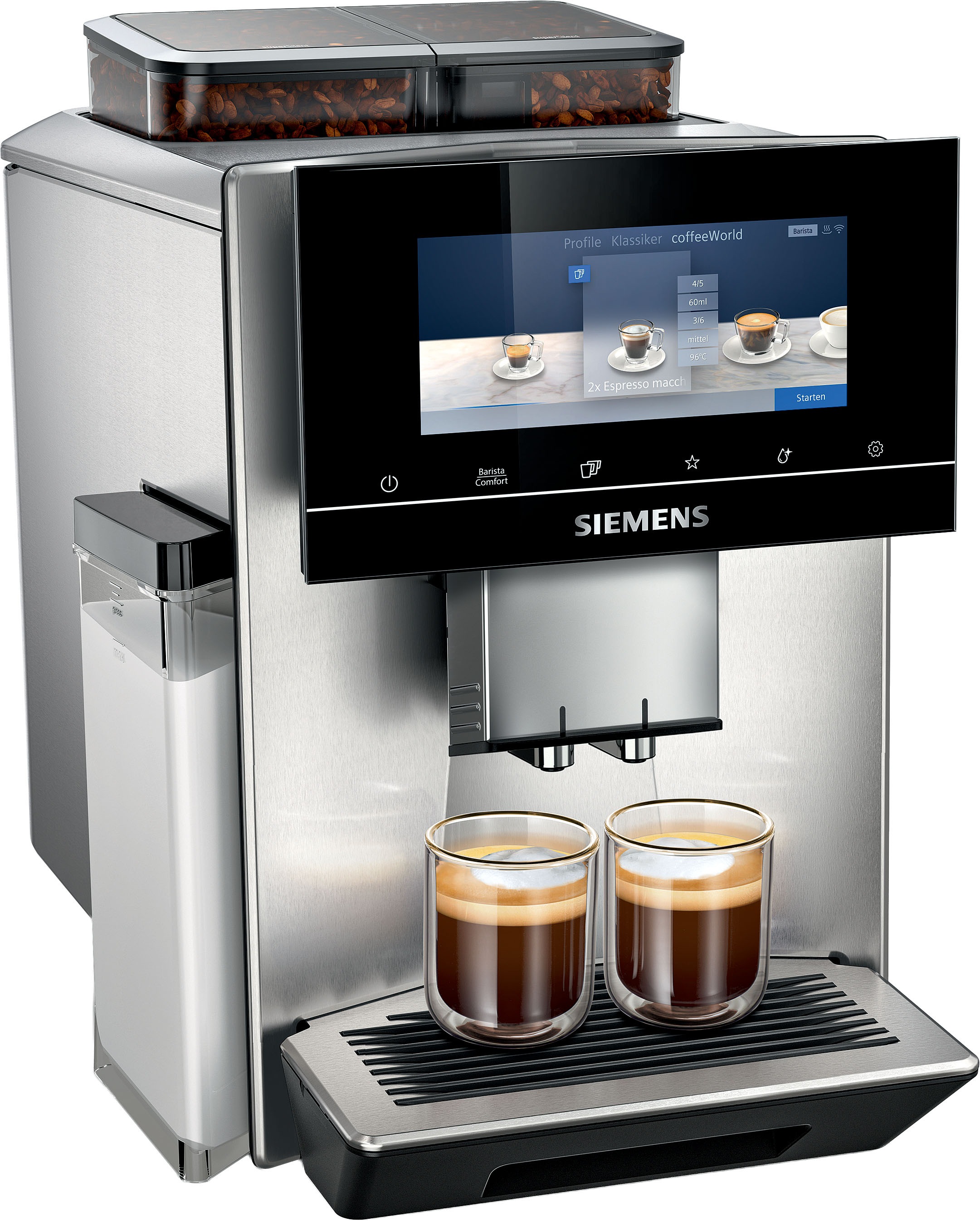 SIEMENS Kaffeevollautomat »EQ900 TQ907D03, intuitives 6,8" TFT-Display, 2 Bohnenbehälter« Barista-Modus, App, Geräuschreduzierung, 10 Profile, edelstahl