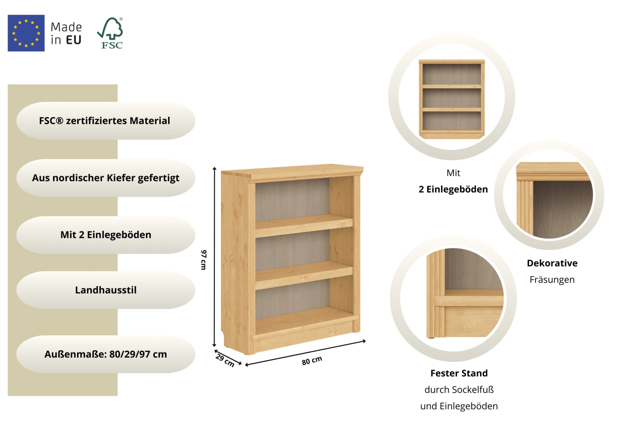 OTTO home Standregal »Soeren Regal Bücherregal B/T/H: 80/29/97 cm« massive Kiefer, FSC®-zertifiziert