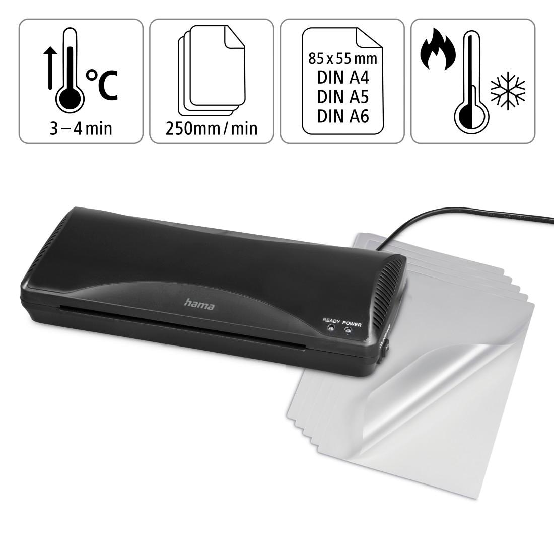 Hama Laminiergerät »Laminator für DIN A4, Heiß- und Kaltlaminierung, 2 Rollen, schwarz«, Mit Laminierfolien, Tischgerät, Verwendung im Office und Privat