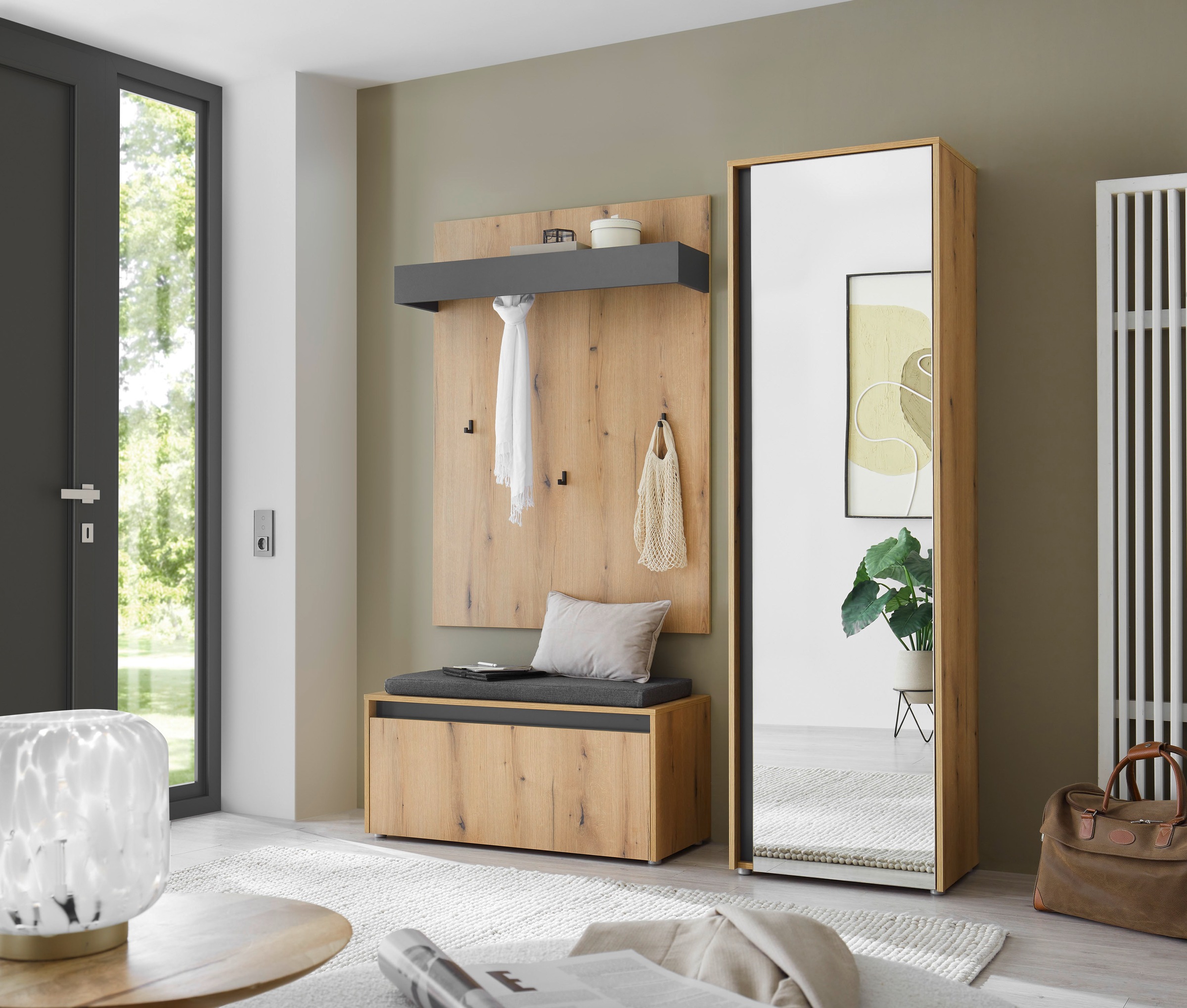 INOSIGN Garderoben-Set »GIRON/CiTY, moderne Garderobe, Komplettset mit viel Stauraum«, (Komplett-Set, 3 St.), enthält Garderobenschrank, Paneel, Schuhbank inkl. Sitzkissen