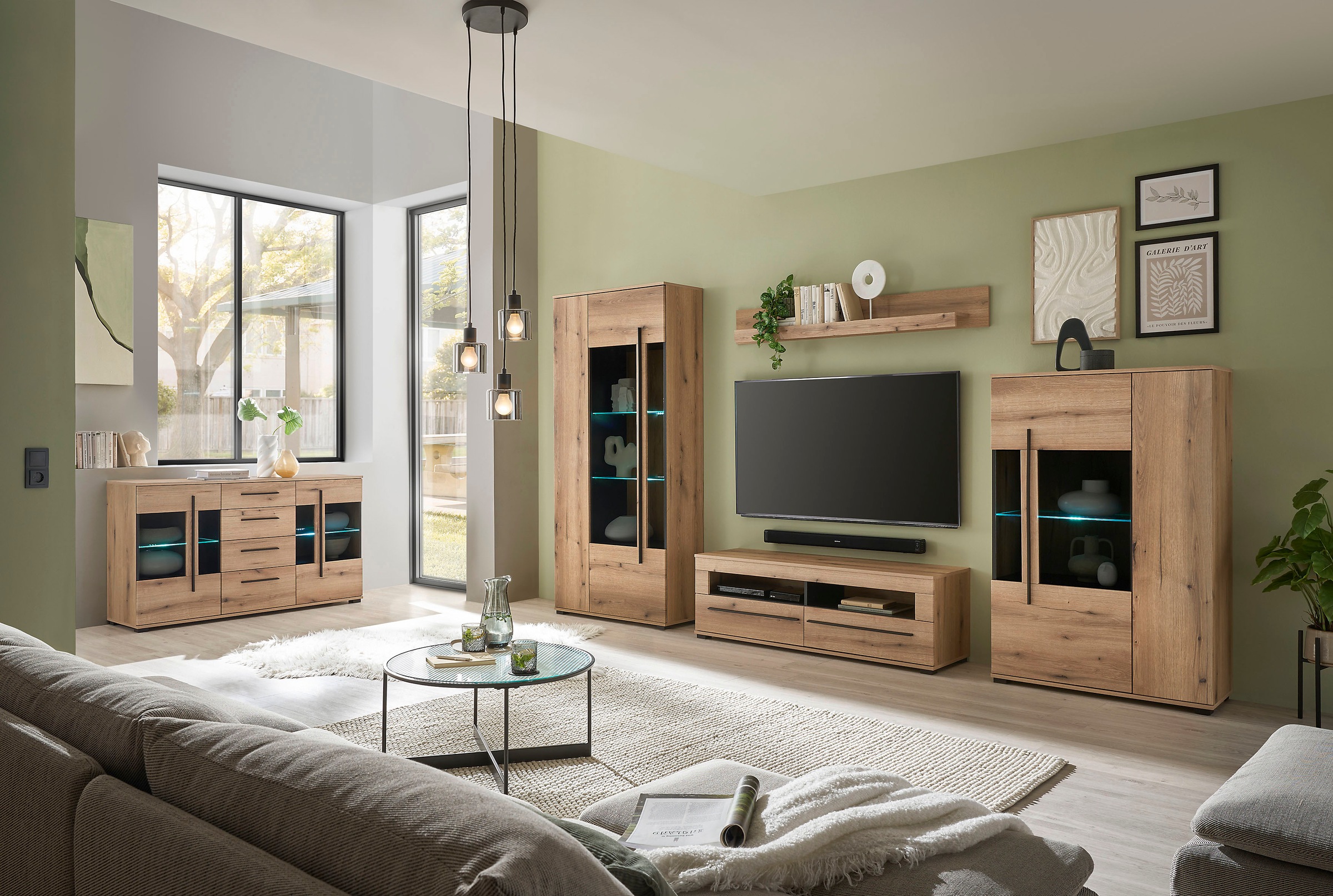 INOSIGN Wohnwand »Cantara, moderne Anbauwand, Wohnzimmer-Set, in Eiche Evoke oder Weiß«, (Set), enthält zwei Vitrinen, ein Lowboard und ein Wandboard
