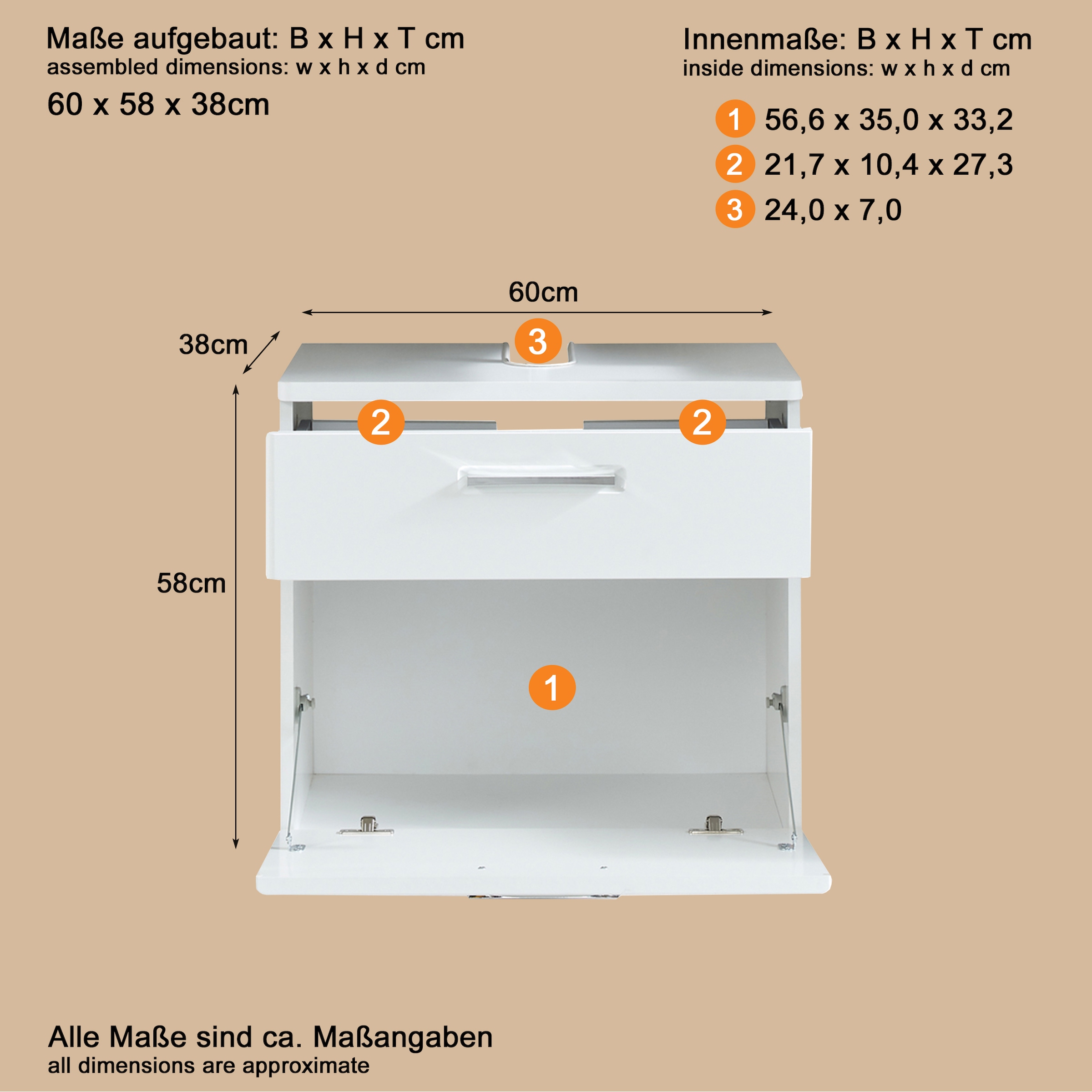 welltime Waschbeckenunterschrank »Mora«, Waschbeckenunterschrank mit Klappe - (B/T/H) 60/38/58 cm