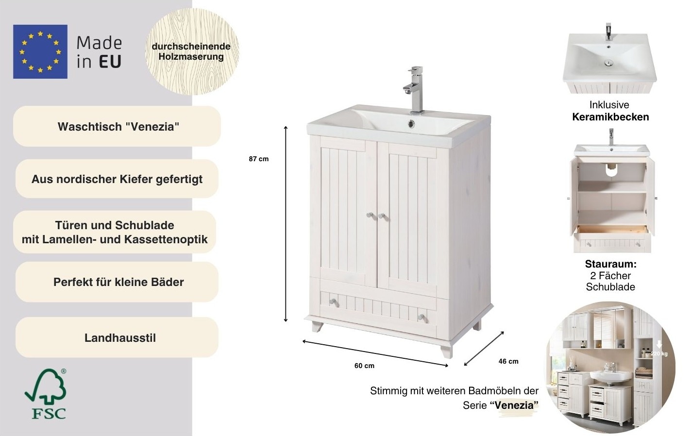 welltime Waschtisch »Venezia« Badmöbel, aus massiver Kiefer, mit Keramikbecken, 2 Türen, 1 Schublade