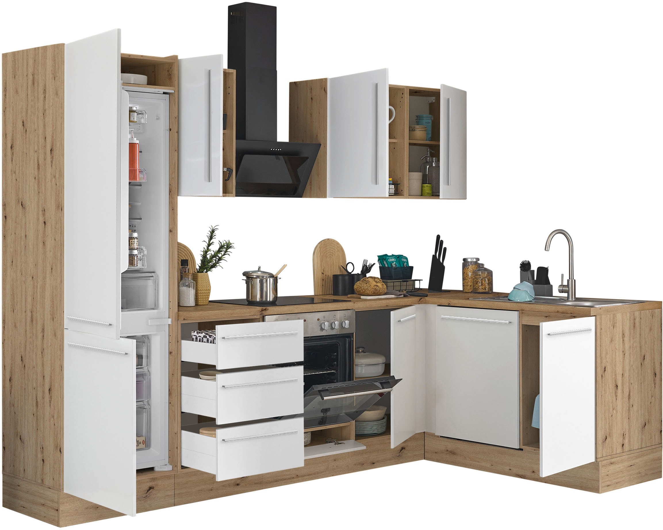 KOCHSTATION Winkelküche »Florida, Stellbreite 280x165 cm« wahlweise mit E-Geräten, mit Softclose für Türen und Schubkästen