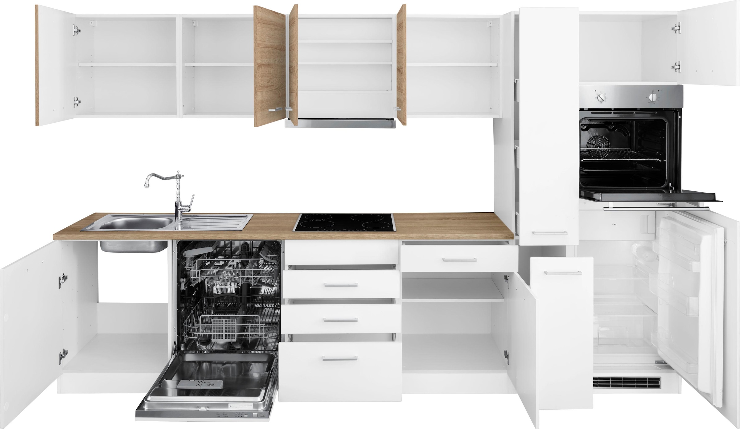 KOCHSTATION Küchenzeile »KS-Visby«, mit E-Geräten, Breite 330 cm inkl. Kühlschrank und Geschirrspüler