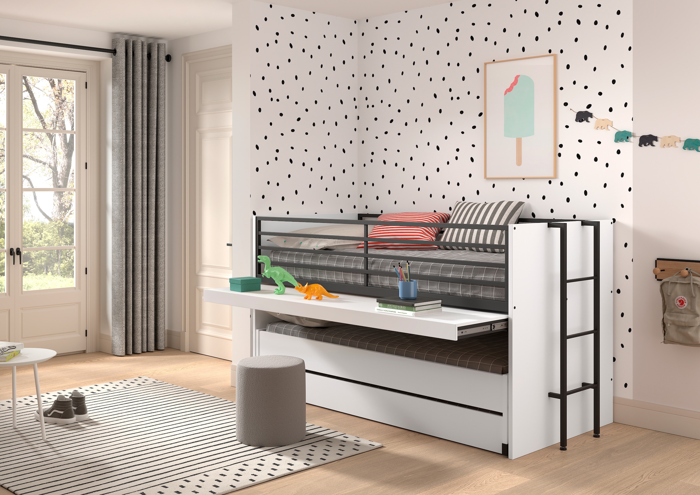 Home affaire Etagenbett, (Made in Europe), für kleine Räume, 2 Liegefl., Bettschublade, inkl. Schreibtisch, Dekor
