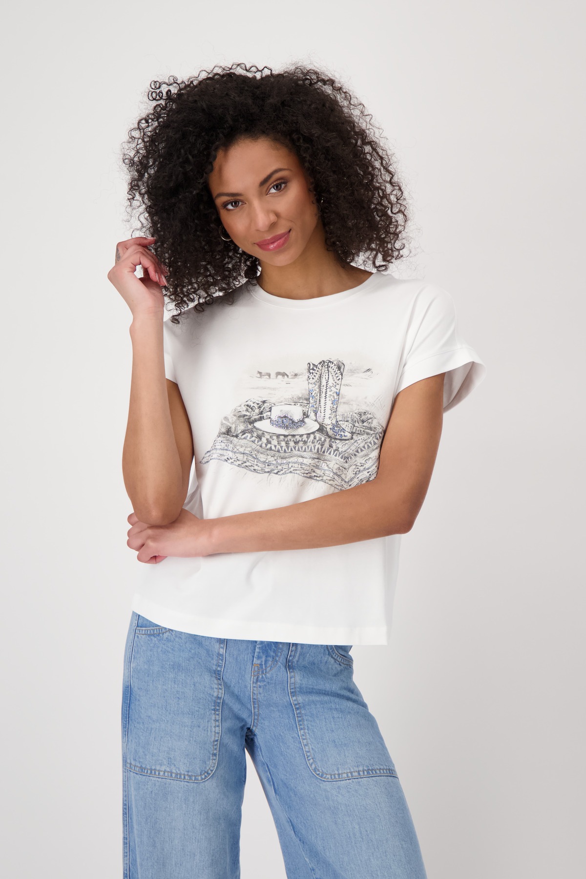 MONARI Rundhalsshirt mit Frontprint ecru 34 34 Shirt mit Frontdruck und Glitzersteinchen von Monari