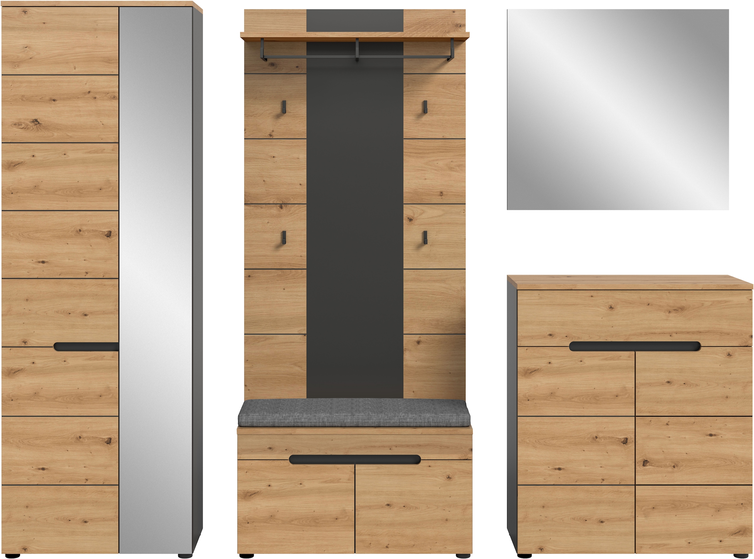 INOSIGN Garderoben-Set, (Set, 6 St., bestehend aus: Schrank, Sitzbank, Sitzkissen, Paneel, Spiegel, Kommode), Garderobenkombination, Kombination, Set, Flurgarderobe, Diele
