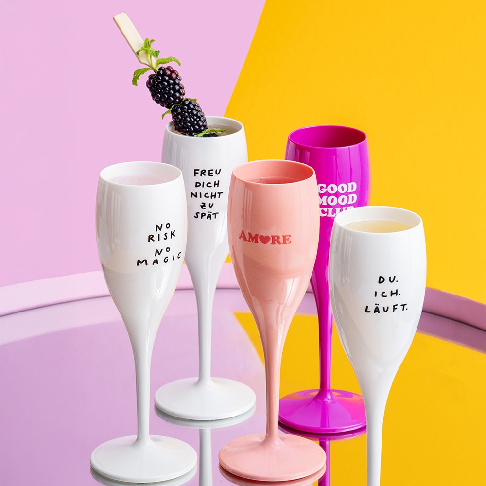 KOZIOL Sektglas »CHEERS No. 1 COLOR UP Glas 100 ml mit Druck, 4 Motive« spülmaschinengeeignet