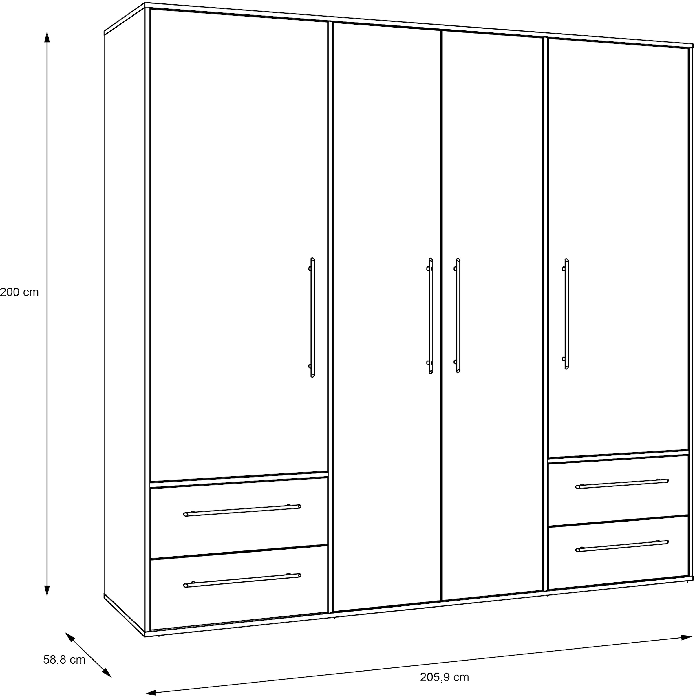 FORTE Drehtürenschrank »Mokkaris. TOPSELLER! verschiedene Größen und Farben«, (BHT ca. 145x200x59cm oder BHT ca. 206x200x59cm), mit Schubladen und schwarzen Stangengriffen, Made in Europe