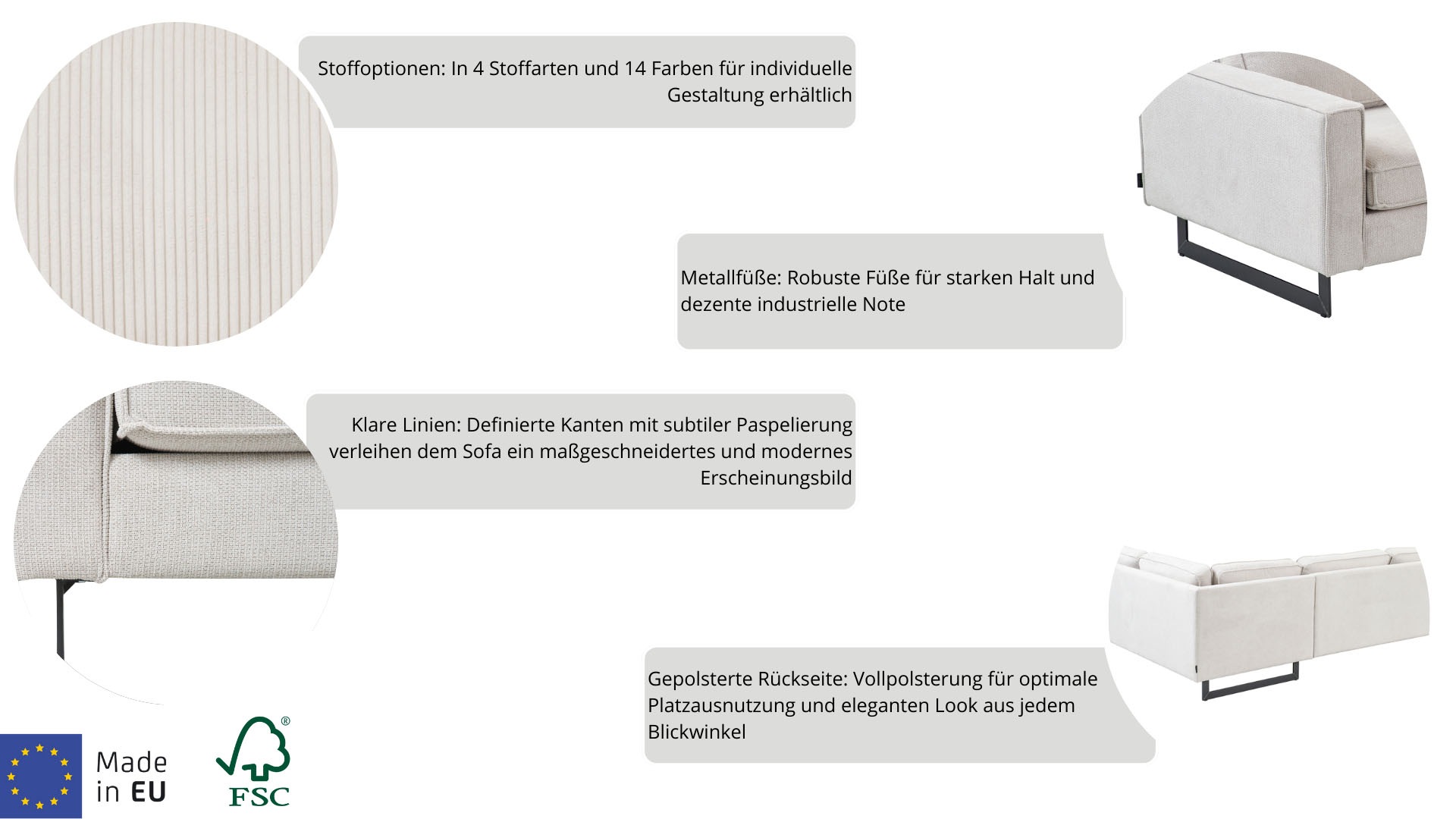 Places of Style Wohnlandschaft »Pinto, 350 cm, U-Form, XXL, mit Ottomanen«, Cord, Feincord, Luxus-Microfaser Leder und Chenille