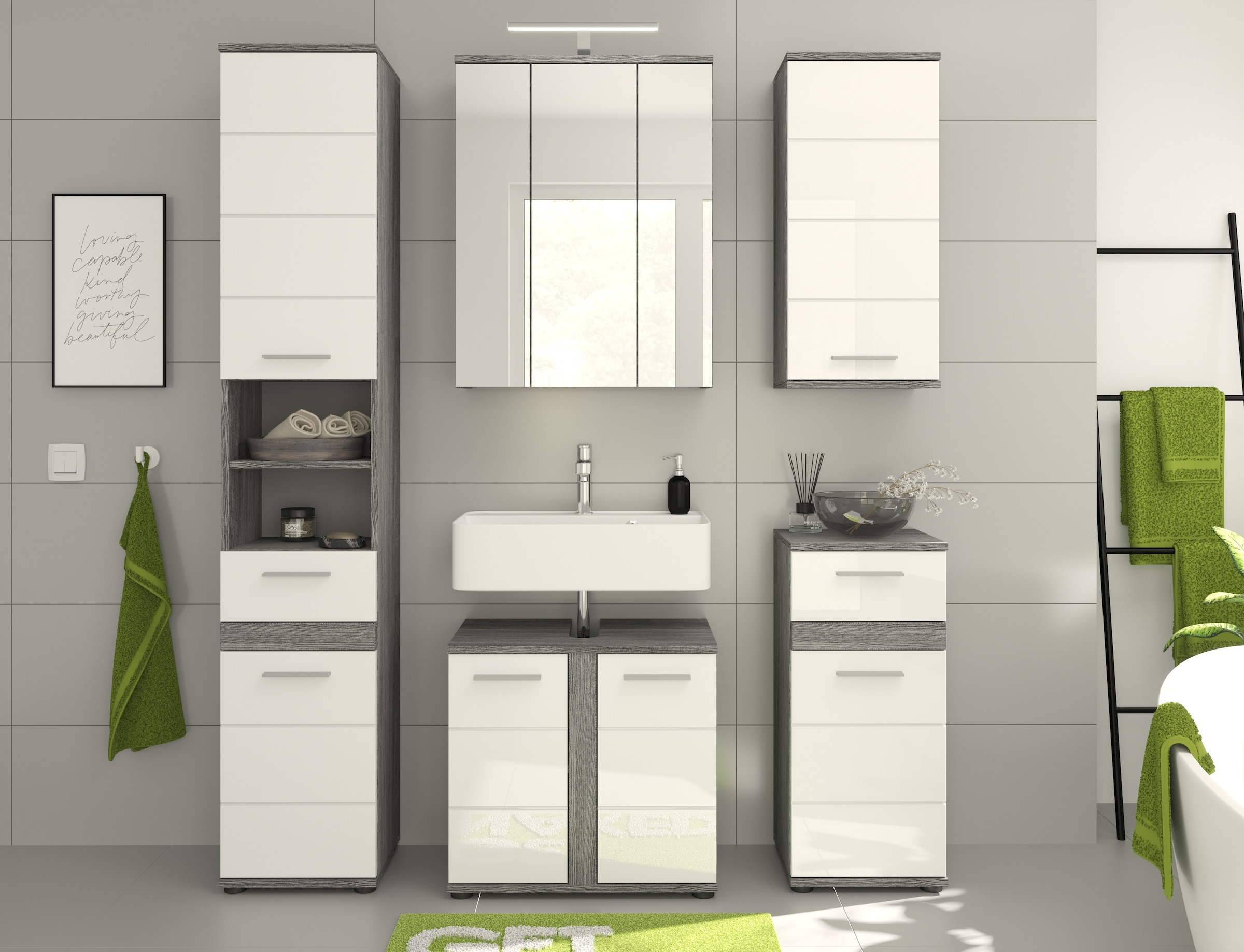 welltime Badmöbel-Set »LUCCA, 5-teilig, TOPSELLER!, inklusive LED Beleuchtung, bestehend aus:«, (Set, 5 St.), Hochschrank, WBU, Spiegelschrank, Unterschrank, Hängeschrank