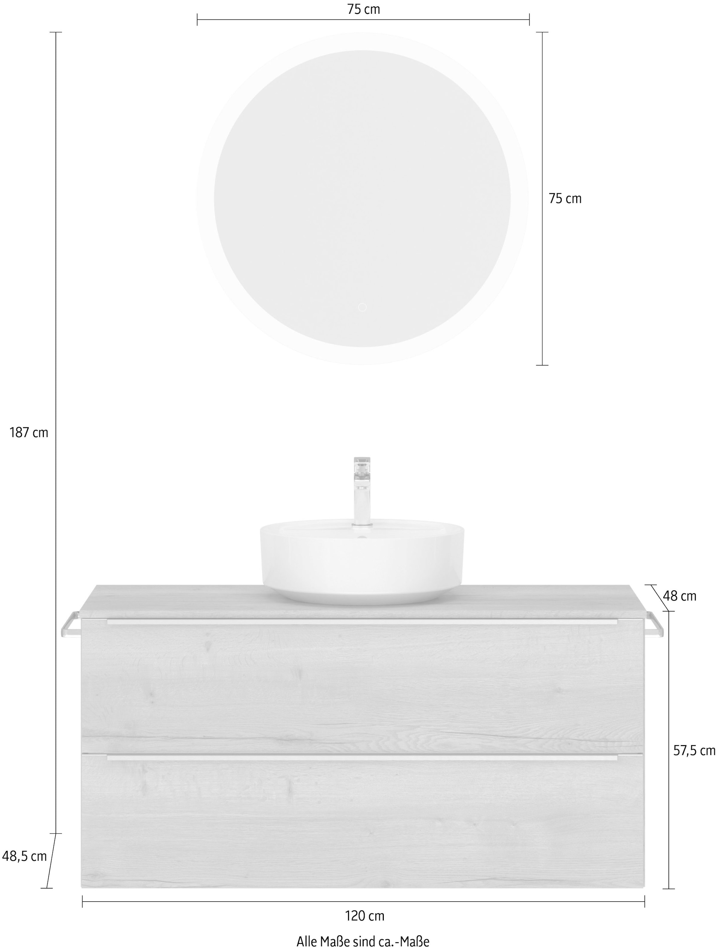 nobilia® Badmöbel-Set »Alvene«, (2 St., vormontiert, mit Soft-Close), Hochglanz, inkl. Spiegel mit Touch-Sensor, in vier Breiten