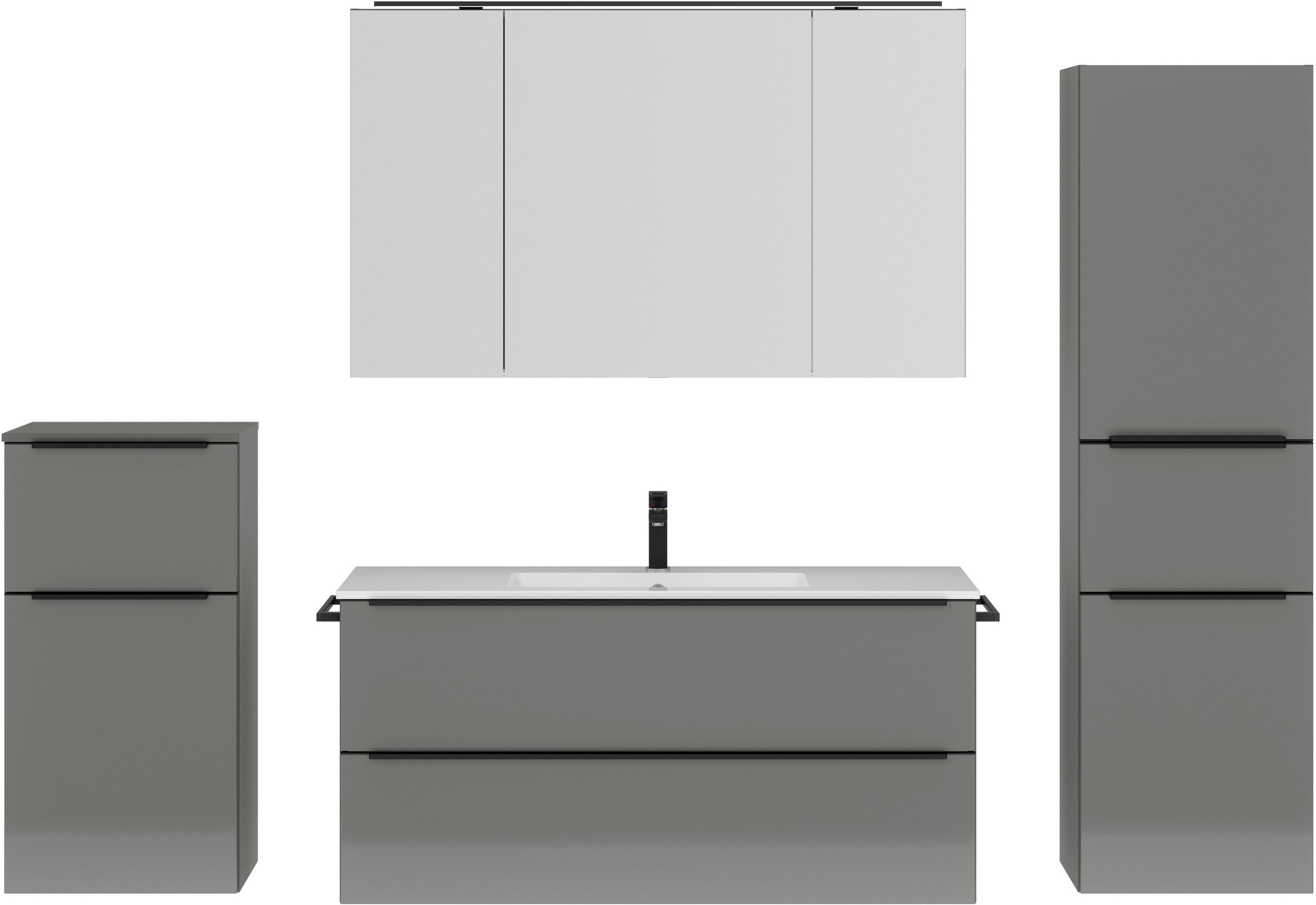 nobilia® Badmöbel-Set »Levere«, (4 St., vormontiert, mit Soft-Close), inkl. Spiegelschrank mit Beleuchtung und Dimmerfunktion, in 4 Breiten