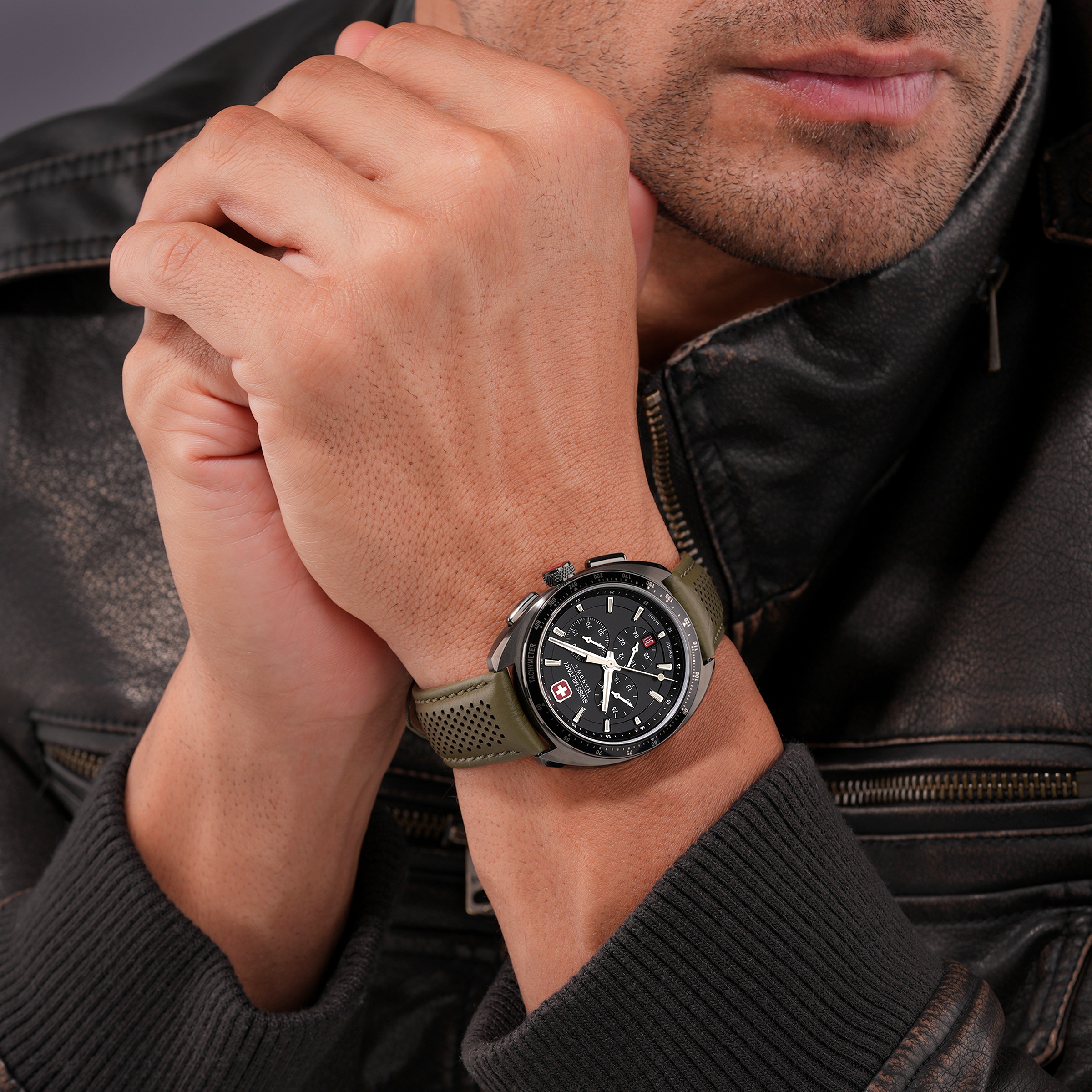 Swiss Military Hanowa Chronograph »Defender« Quarzuhr, Armbanduhr, Herrenuhr, Swiss Made, Lederarmband, analog, Tag