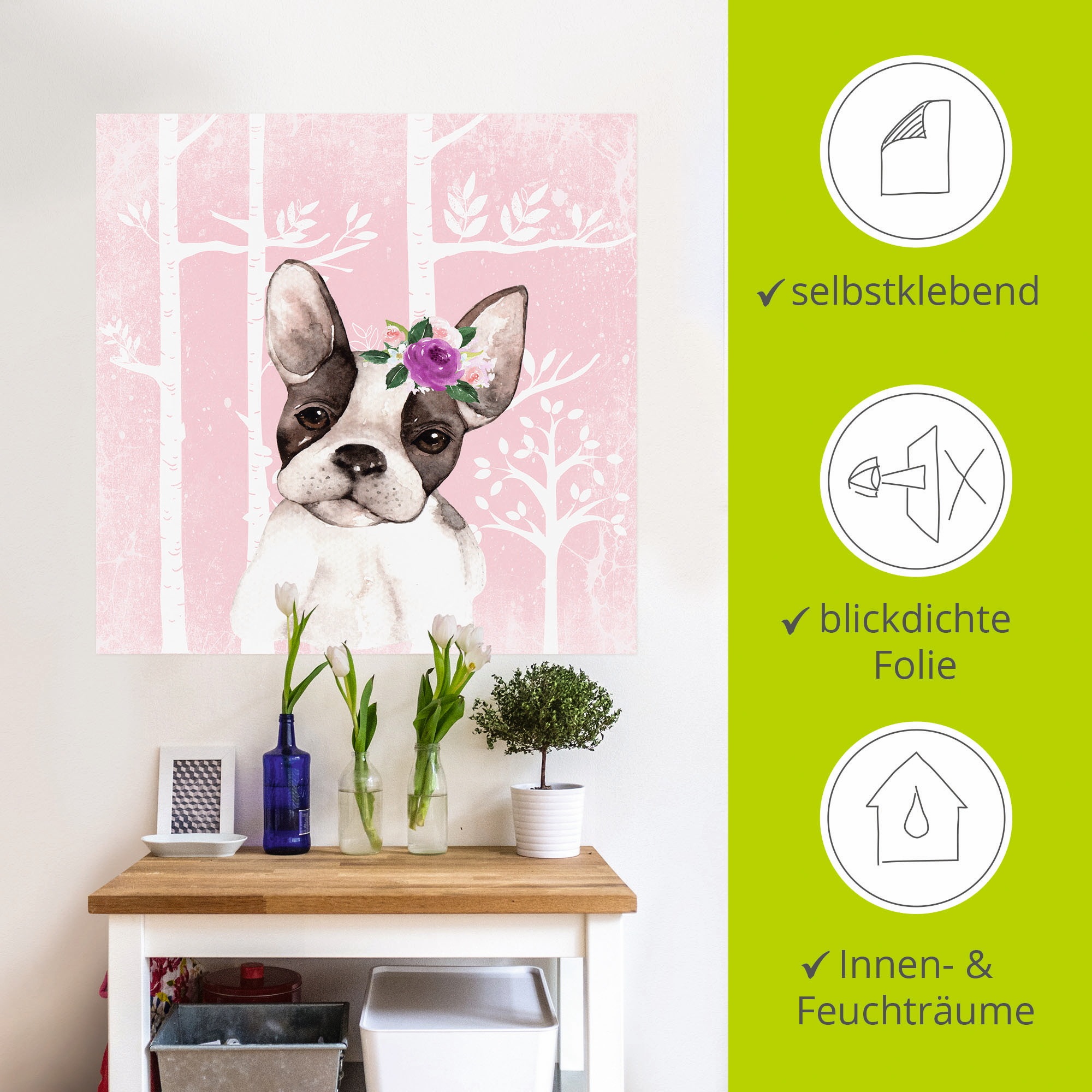Artland Wandbild »Mops Hund mit Blumen im pink Wald«, Tiere, (1 St.), als Poster, Wandaufkleber in verschied. Größen