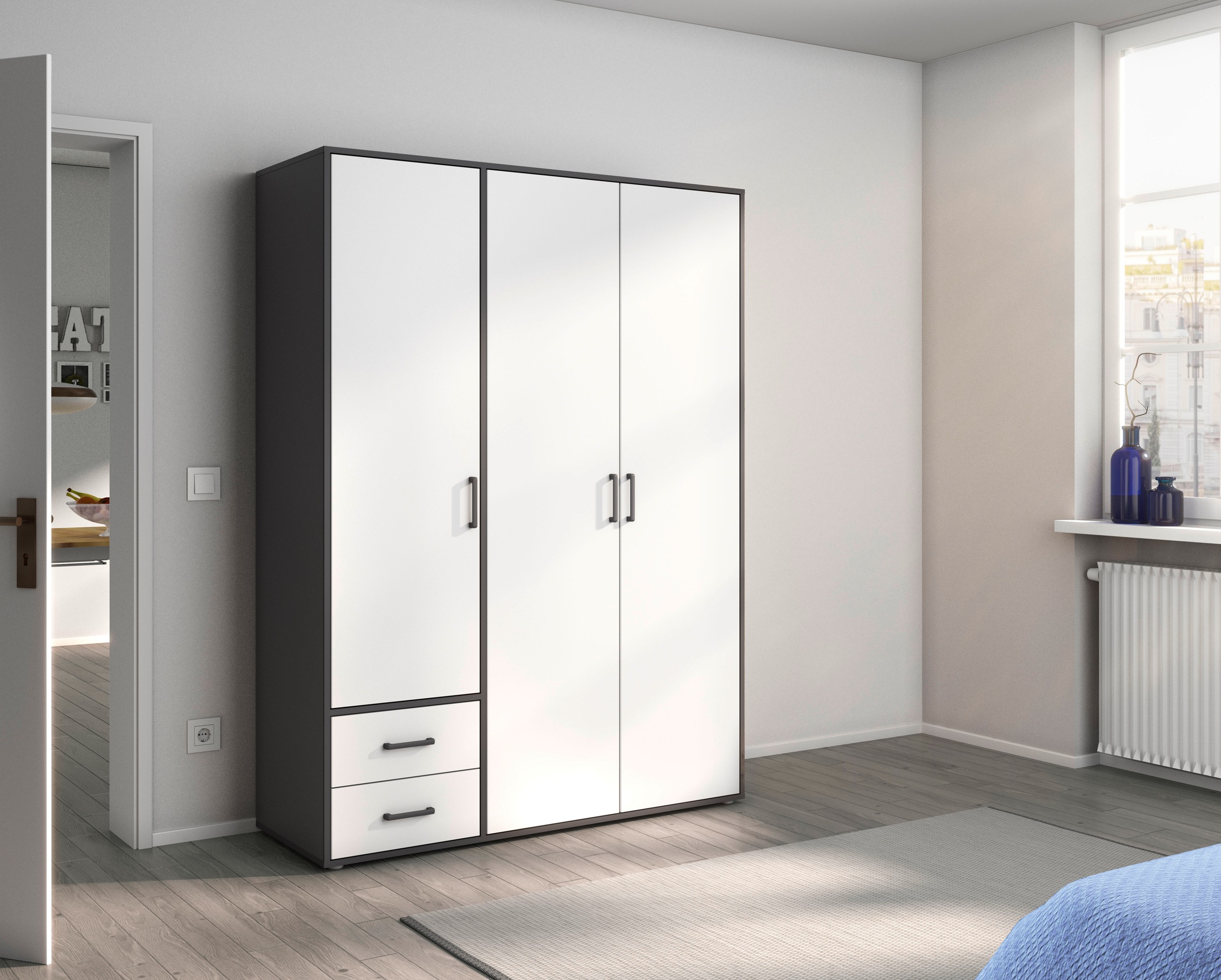 rauch Drehtürenschrank »Kleiderschrank Schrank Garderobe Wäscheschrank VOYAGER«, (in 3 verschiedenen Ausstattungen BASIC/CLASSIC/PREMIUM), moderne Griffe in Graumetallic mit Außenschubkästen MADE IN GERMANY