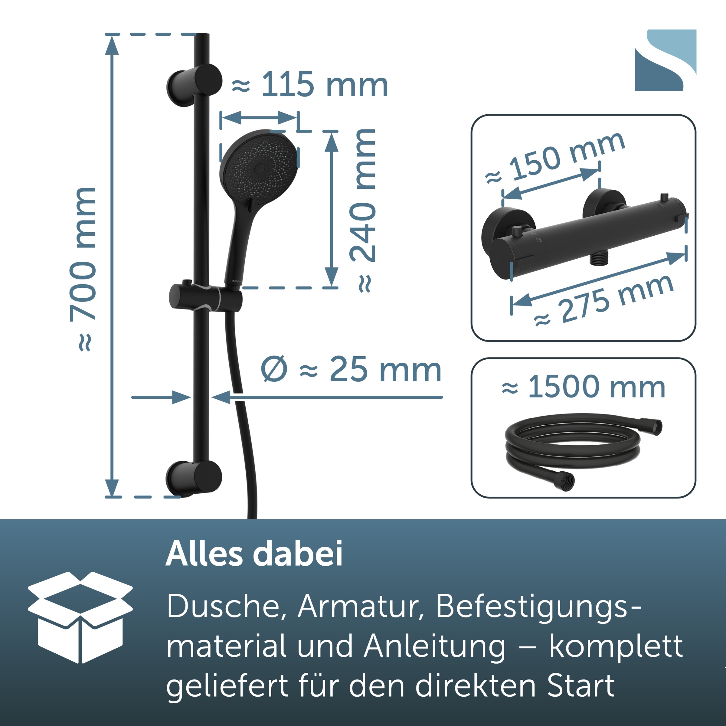 Schütte Duschsystem »BLACK« Überkopfbrauseset mit Thermostat, höhenverstellbar