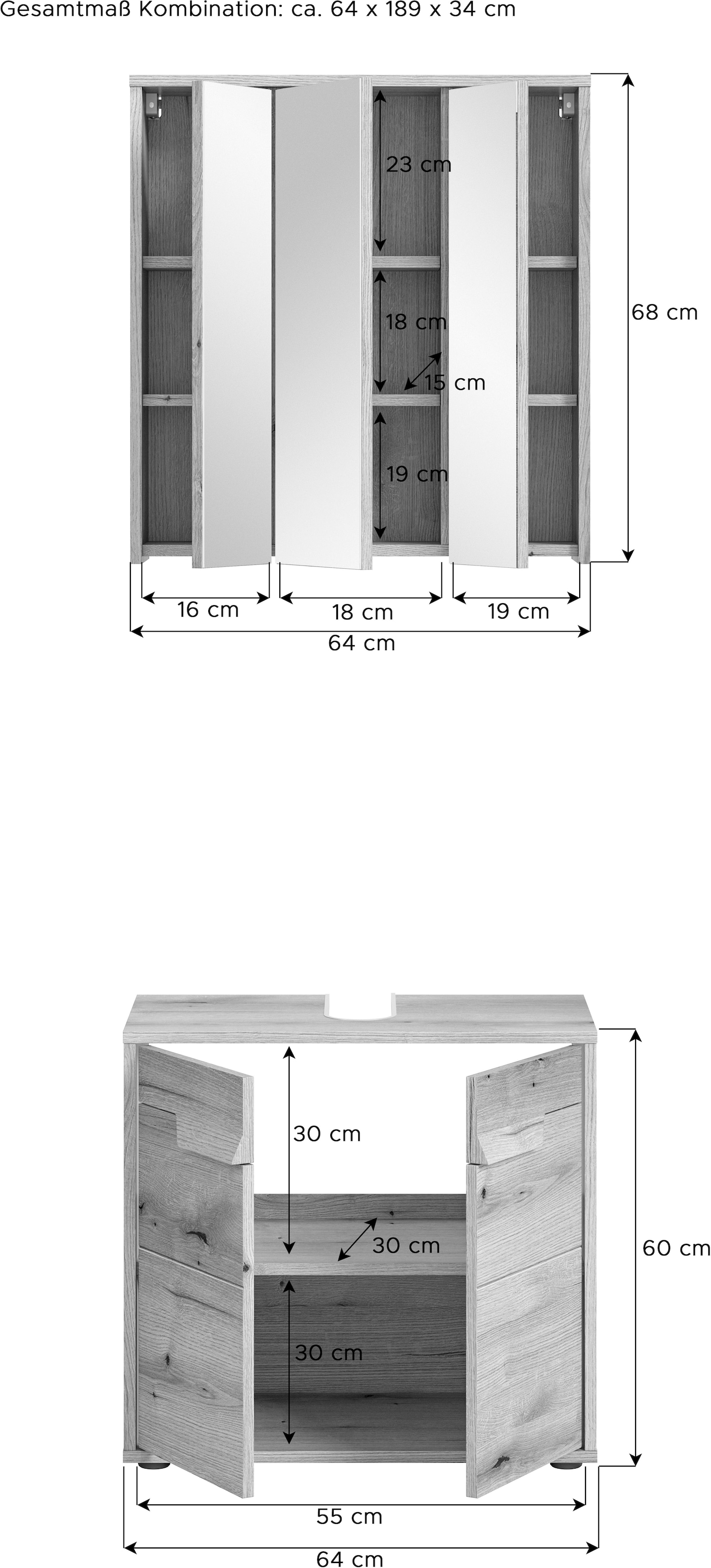 welltime Badmöbel-Set »Kayu, bestehend aus: Waschbeckenunterschrank, Spiegelschrank«, hochwertige MDF Front mit Rillenfräsung, Bad, Bad Set, Badezimmer