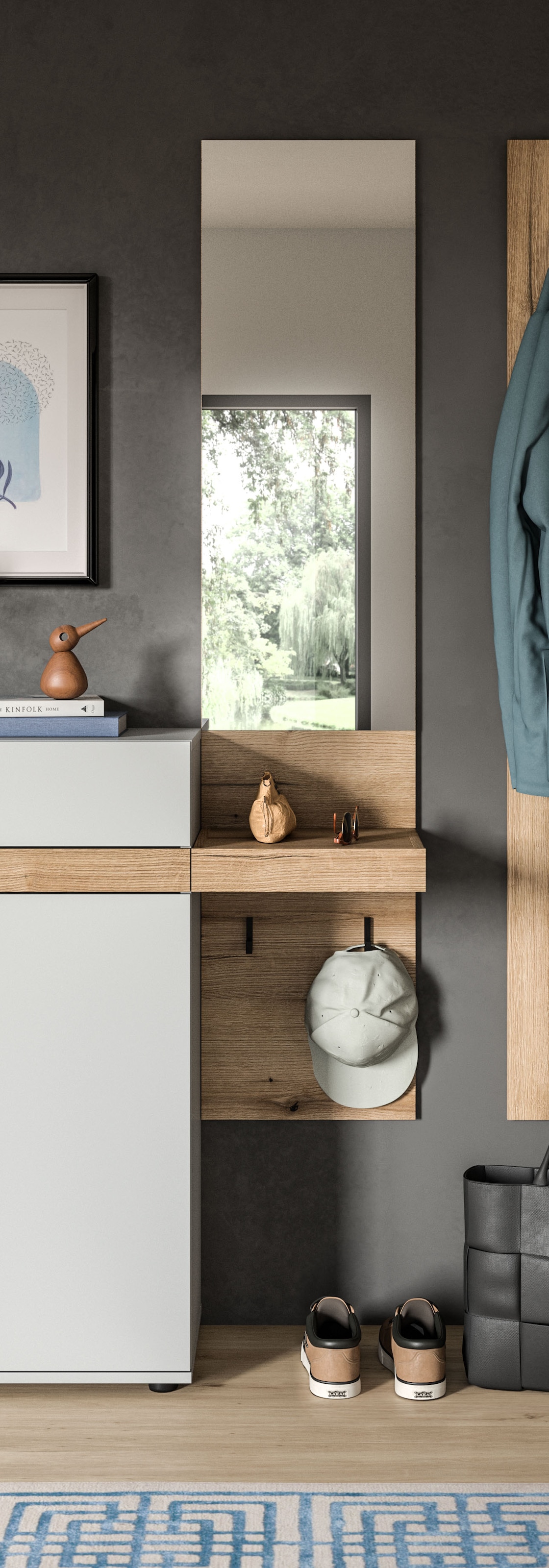 INOSIGN Garderobenspiegel Oran, Spiegel, Evoke Oak, große Spiegelfläche, Ablagefläche, Haken,