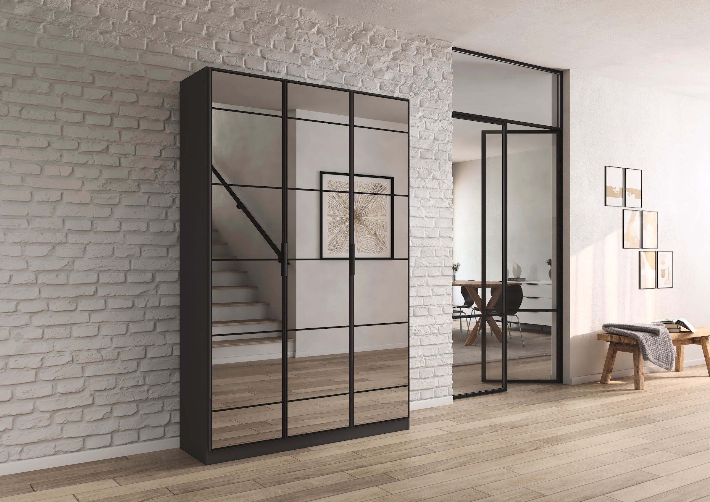 rauch Drehtürenschrank »Kleiderschrank Schrank Garderobe Schlafzimmerschrank ACERO«, (praktisch in Tiefe 41 cm mit vielen Einlegeböden), Spiegelfront in moderner Loft-Optik MADE IN GERMANY
