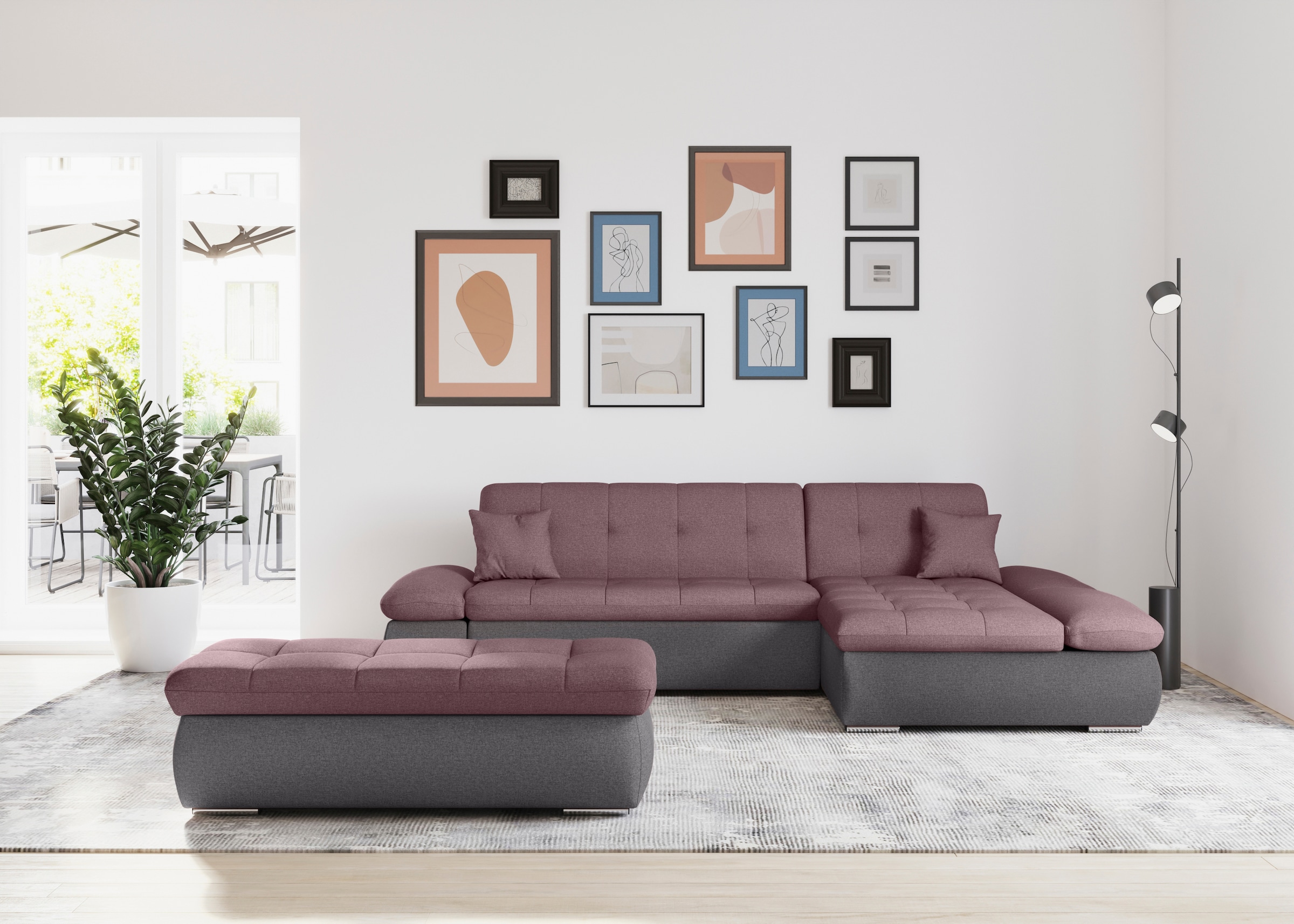 DOMO collection Ecksofa »Moric, L-Form, XXL-Sofa - Breite 300cm«, wahlweise mit Bettfunktion und Armteilverstellung, grau-beere